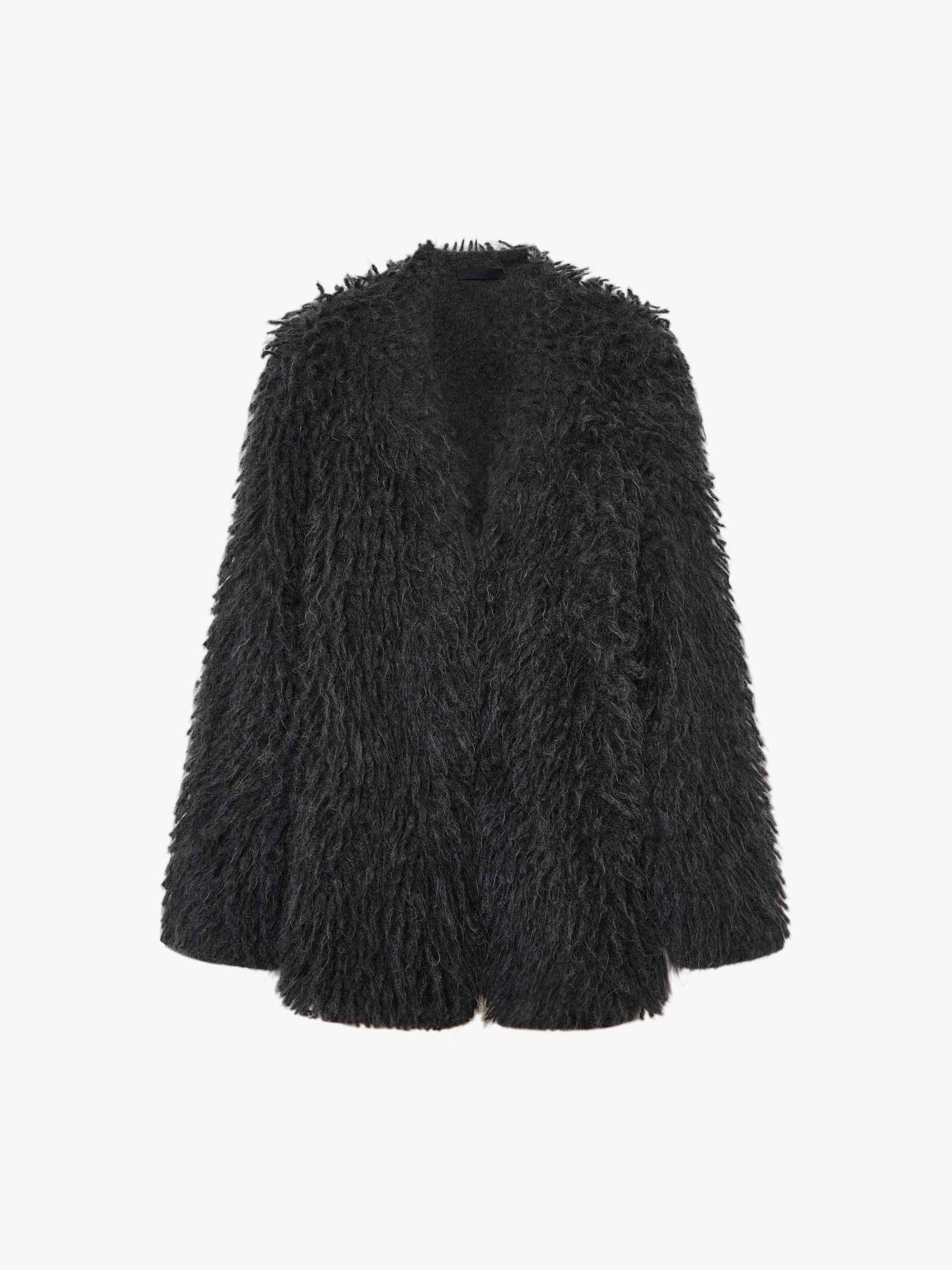 MO&Co. Women's Loose Fit Mohair Blend Fuzzy Long Sleeves Cardigan in Grey