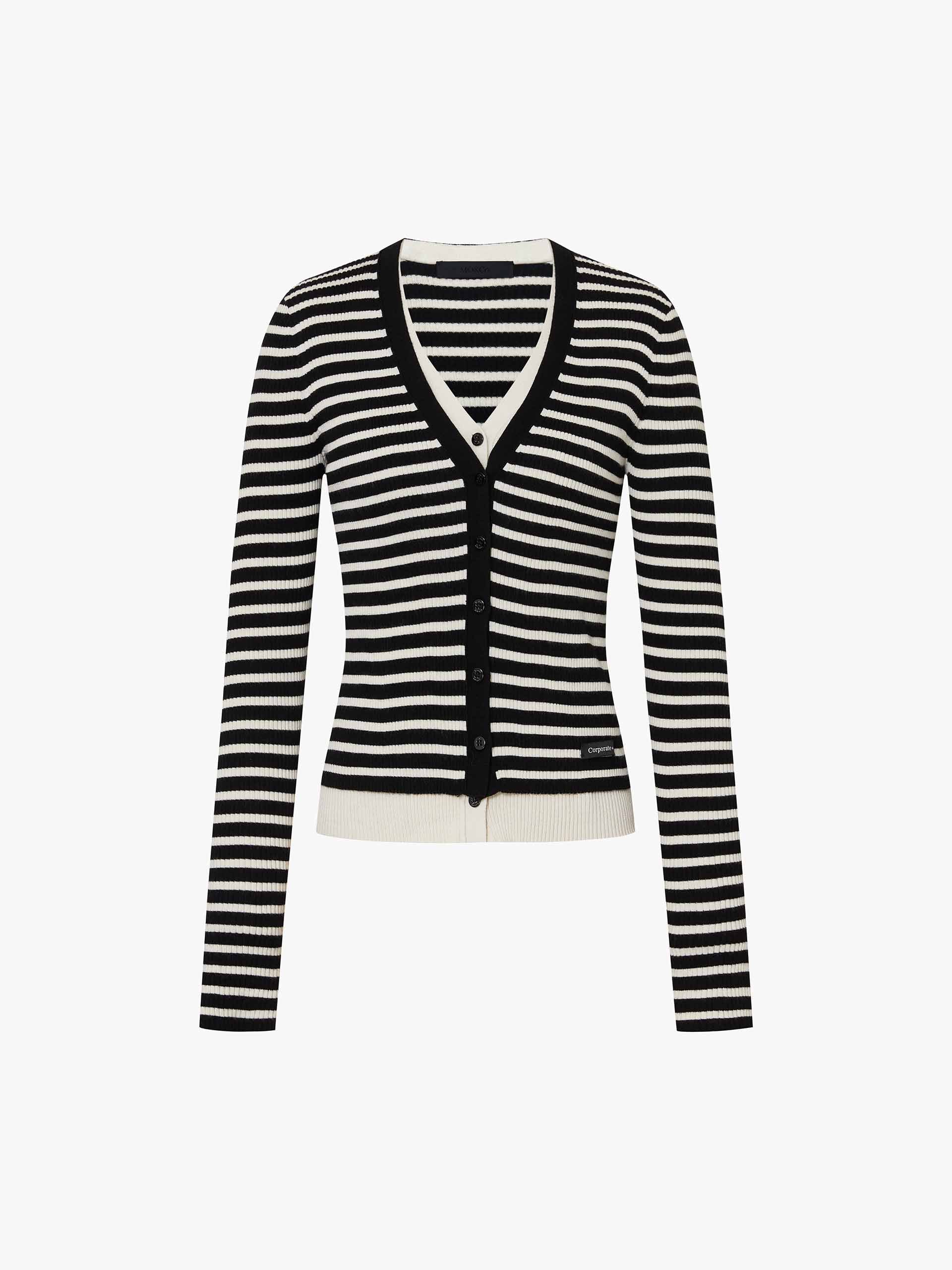 MO&Co. Women's Contrast Layered Detail V-neck Tight Fit Wool Blend Cardigan in Striped