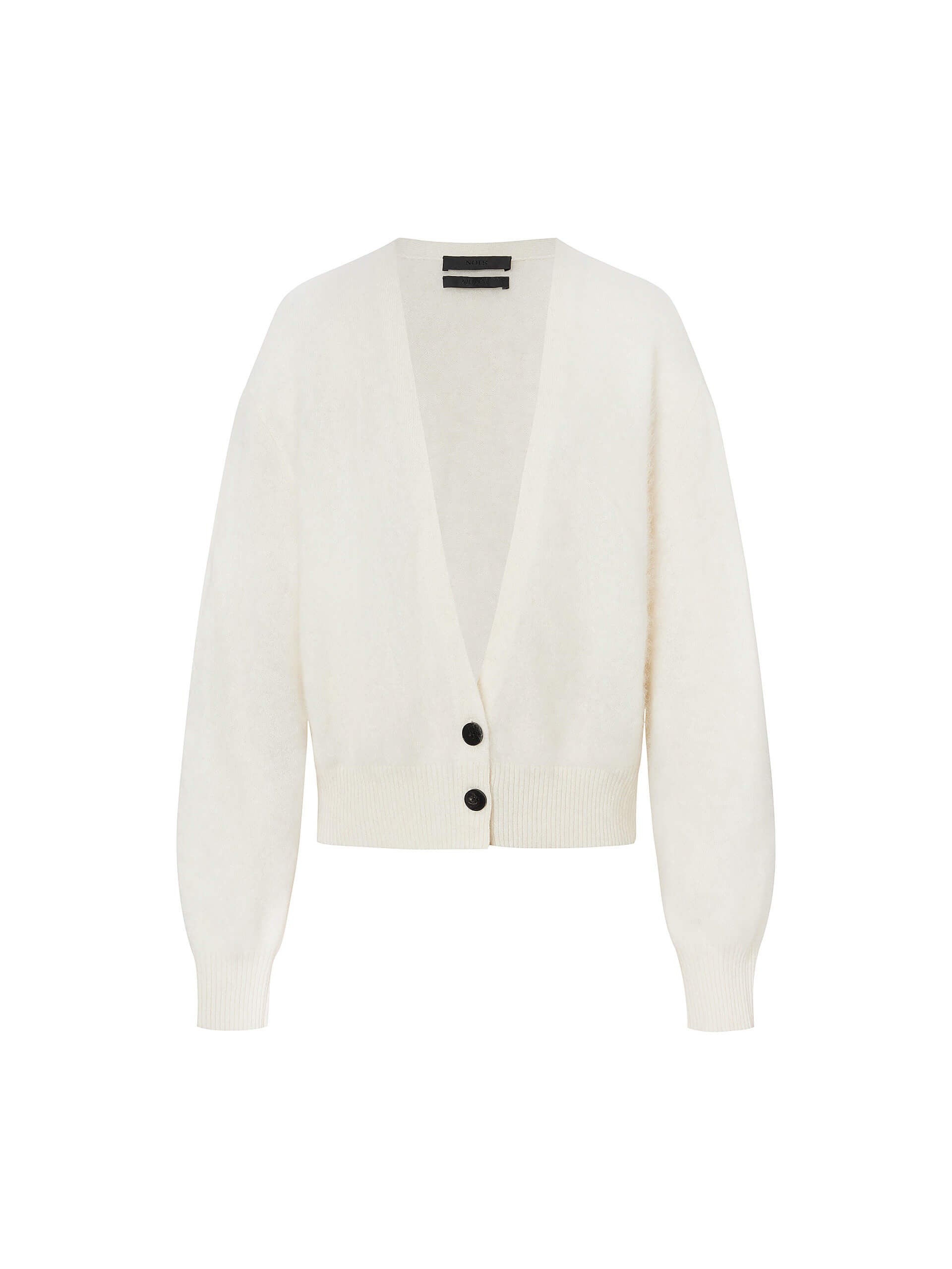 MO&Co. Noir Women's V-Neck Cashmere Cardigan Beige with a relaxed fit, deep V-neck design, and ribbed trims on the waist and cuffs.