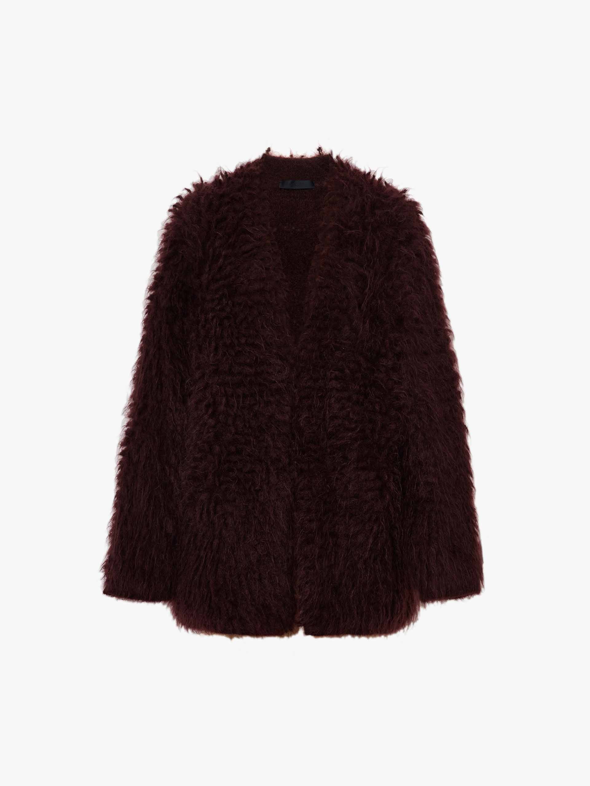 MO&Co. Women's Loose Fit Mohair Blend Fuzzy Long Sleeves Cardigan in Burgundy