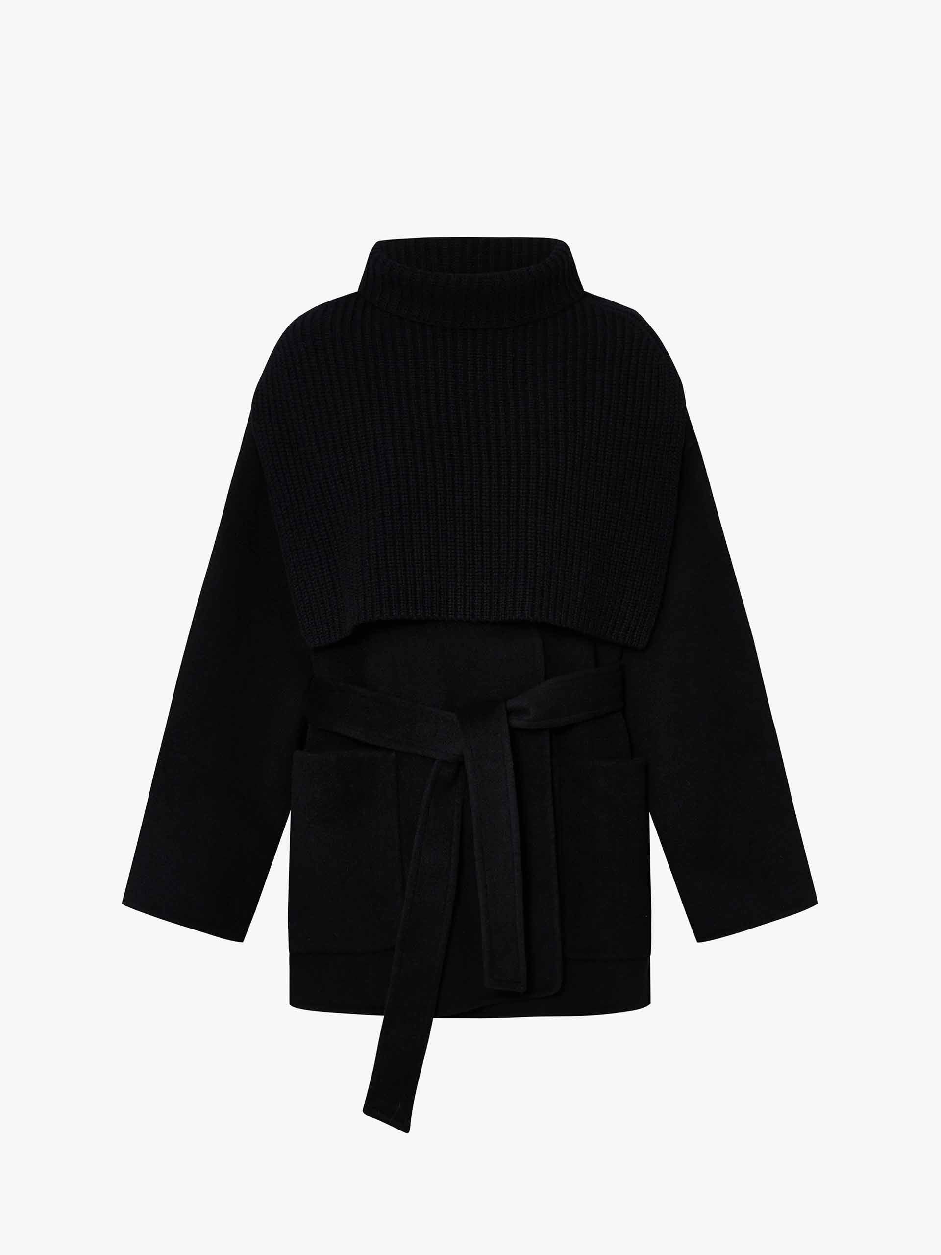 MO&Co. Women's 100% Merino Wool Belted Short Coat with Knit Scarf in Black