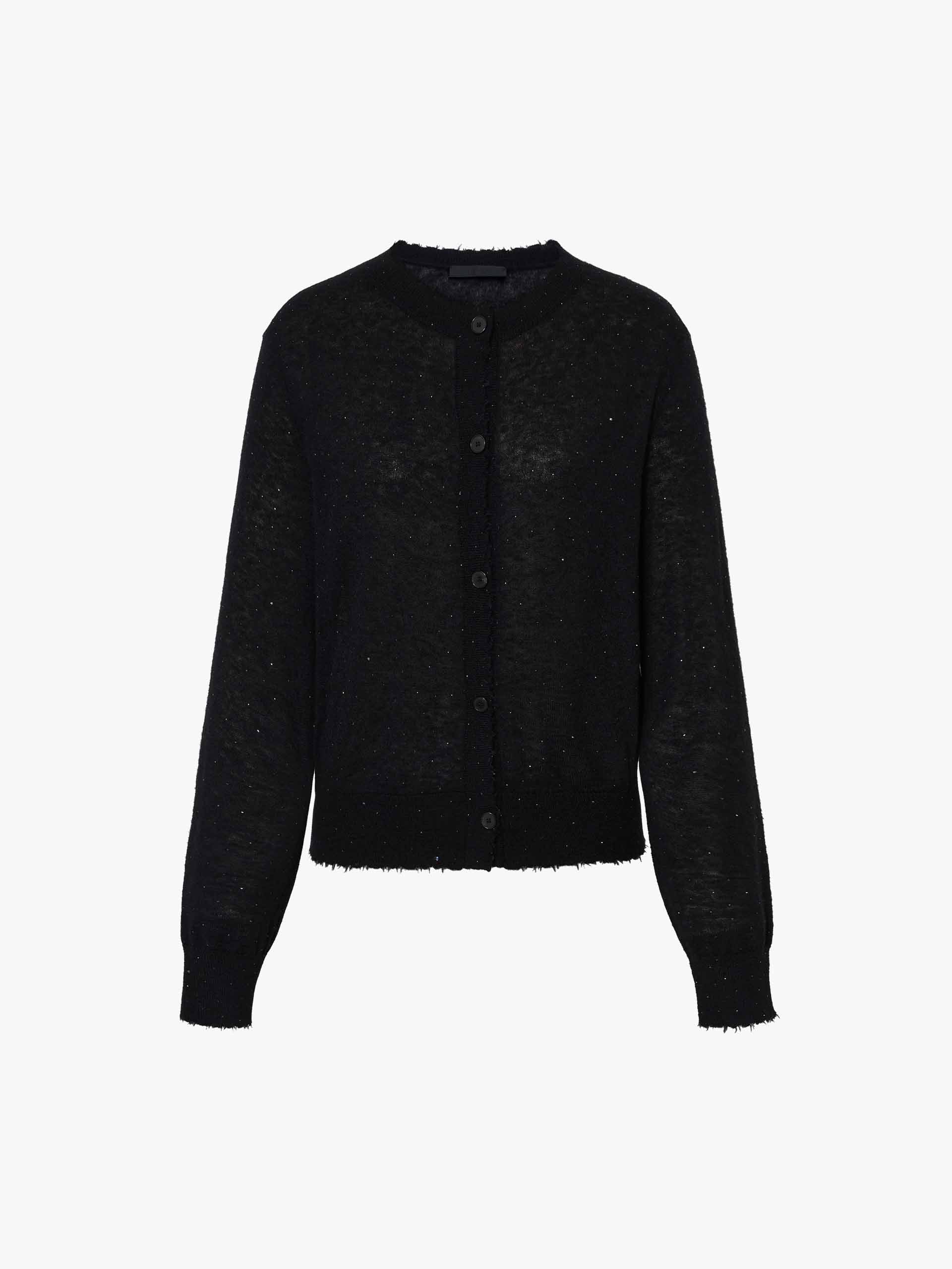 MO&Co. Women's Raw Trim Detail Alpaca fleece and Wool Blend Knit Cardigan in Black with Rhinestone Details