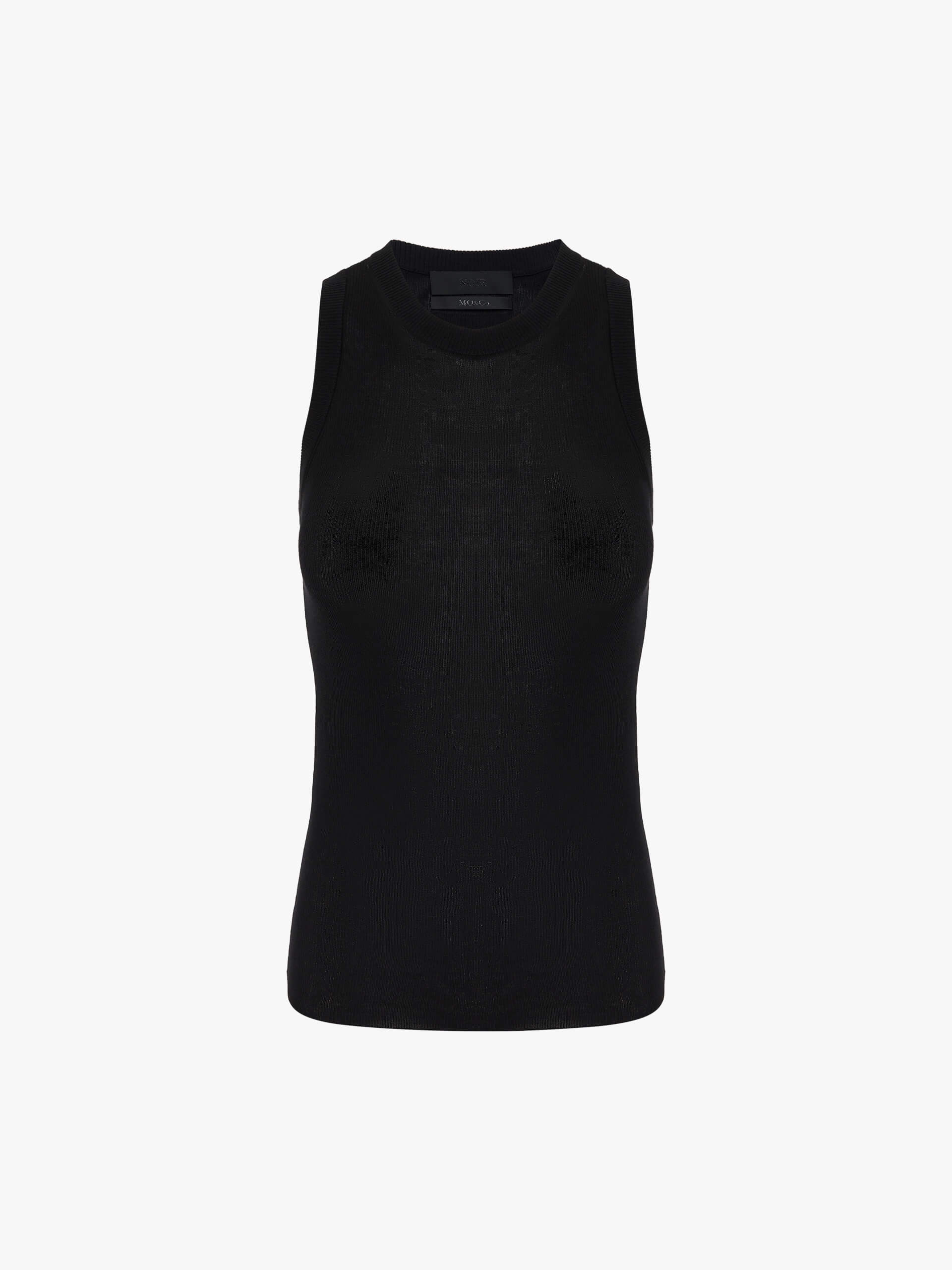 MO&Co. Noir Women's Black Ribbed Tank Top in Black | Versatile and Stylish crafted from a soft organic cotton-blend jersey with a slim stretchy ribbed tight fit.
