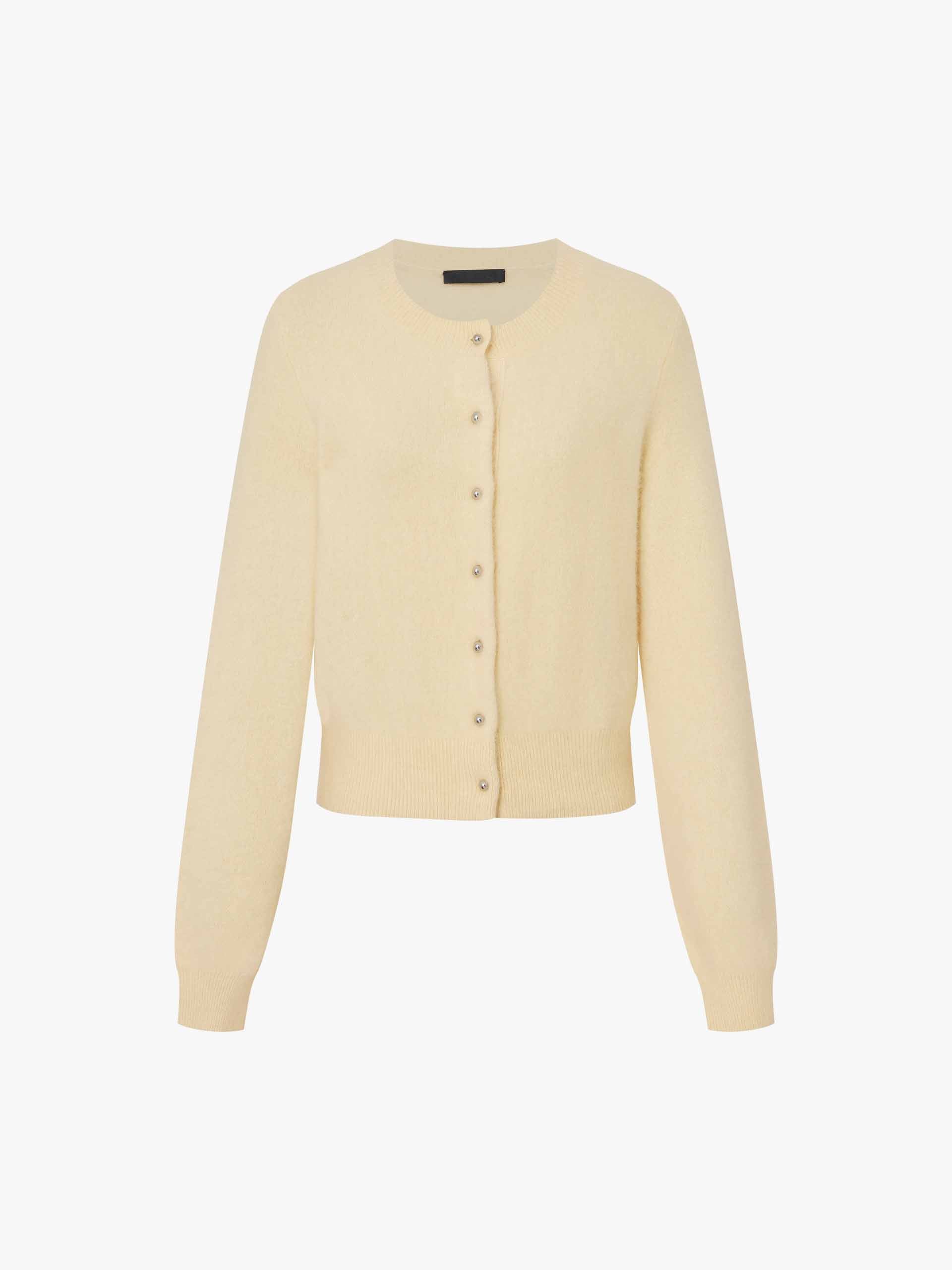 MO&Co. Women's Wool Blend Button Down Crew Neck Fluffy Cardigan in Yellow