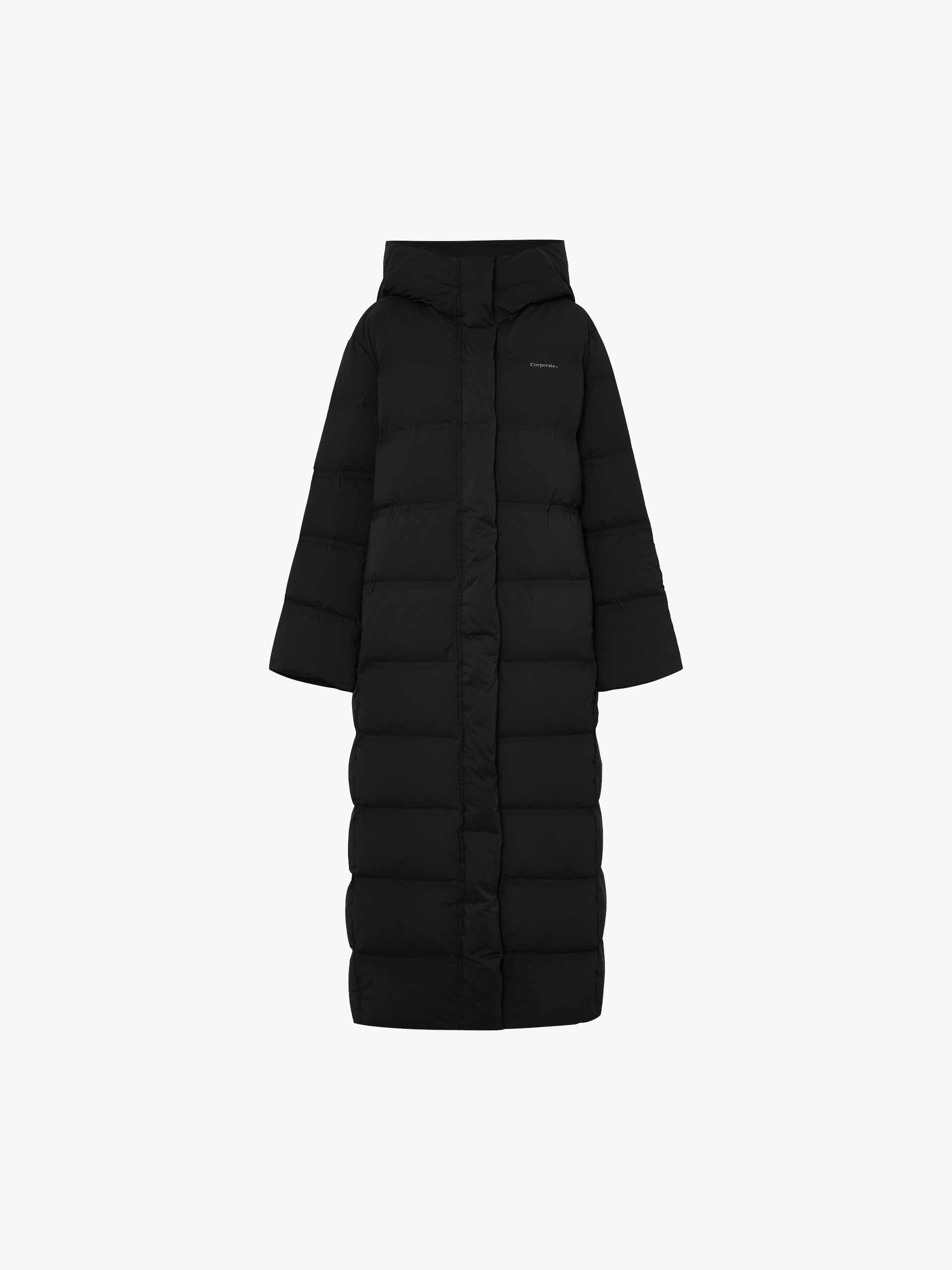 MO&Co. Women's Long Line Hood Quilted Shell Down Coat in Black for Winter