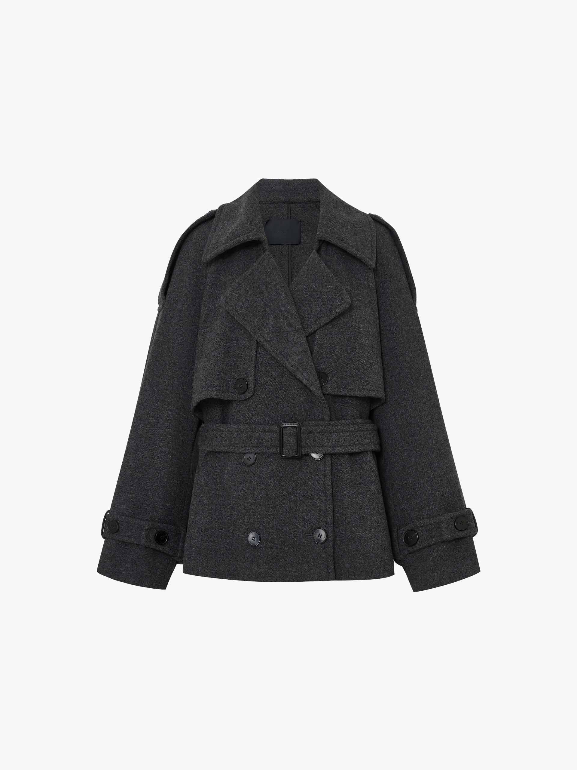 MO&Co. Women's 100% Merino Wool Notch Lapel Belted Short Coat in Grey