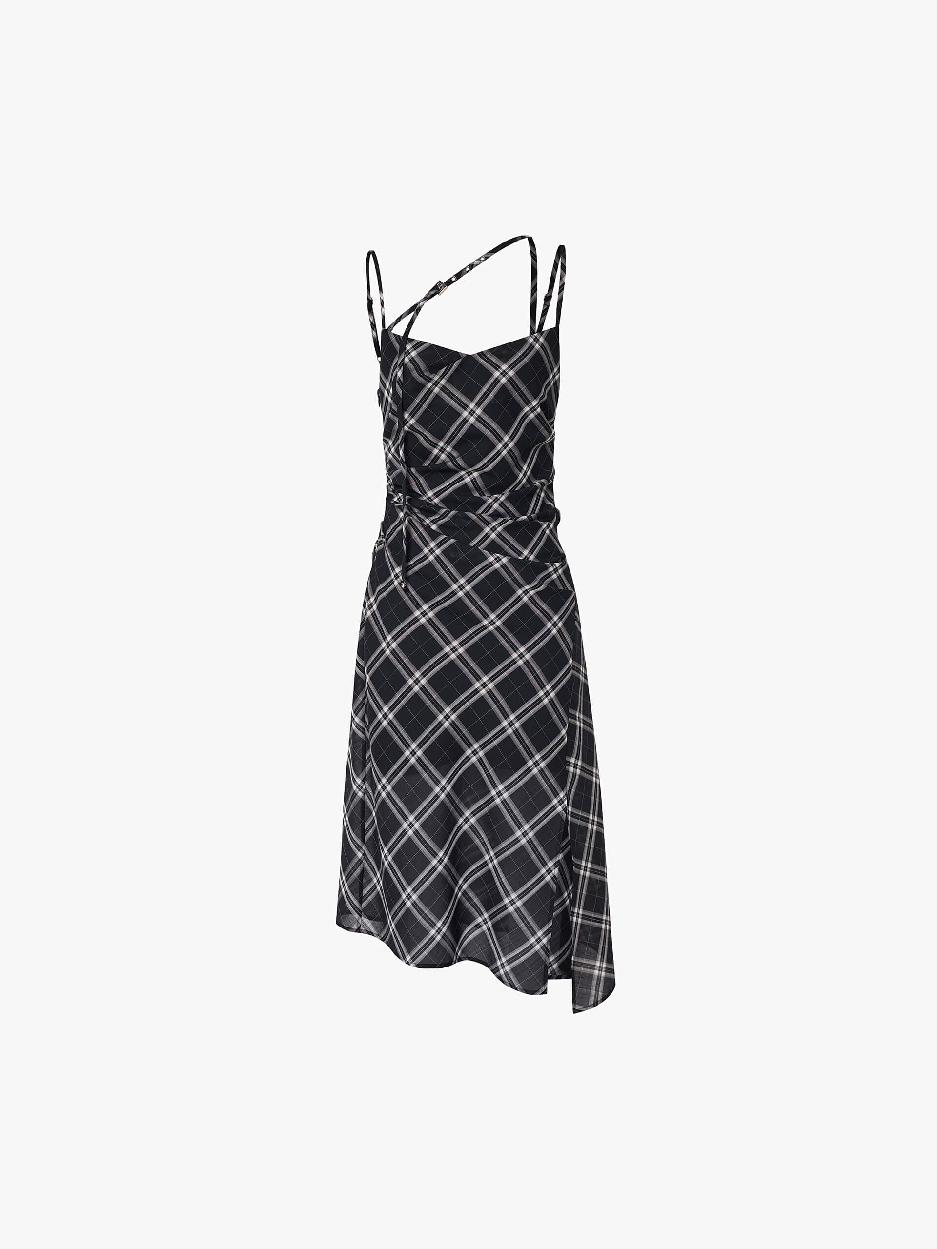 MO&Co. Women's Plaid Pattern Cami Dress Slit Detailed in Black with Gathered Waist Details