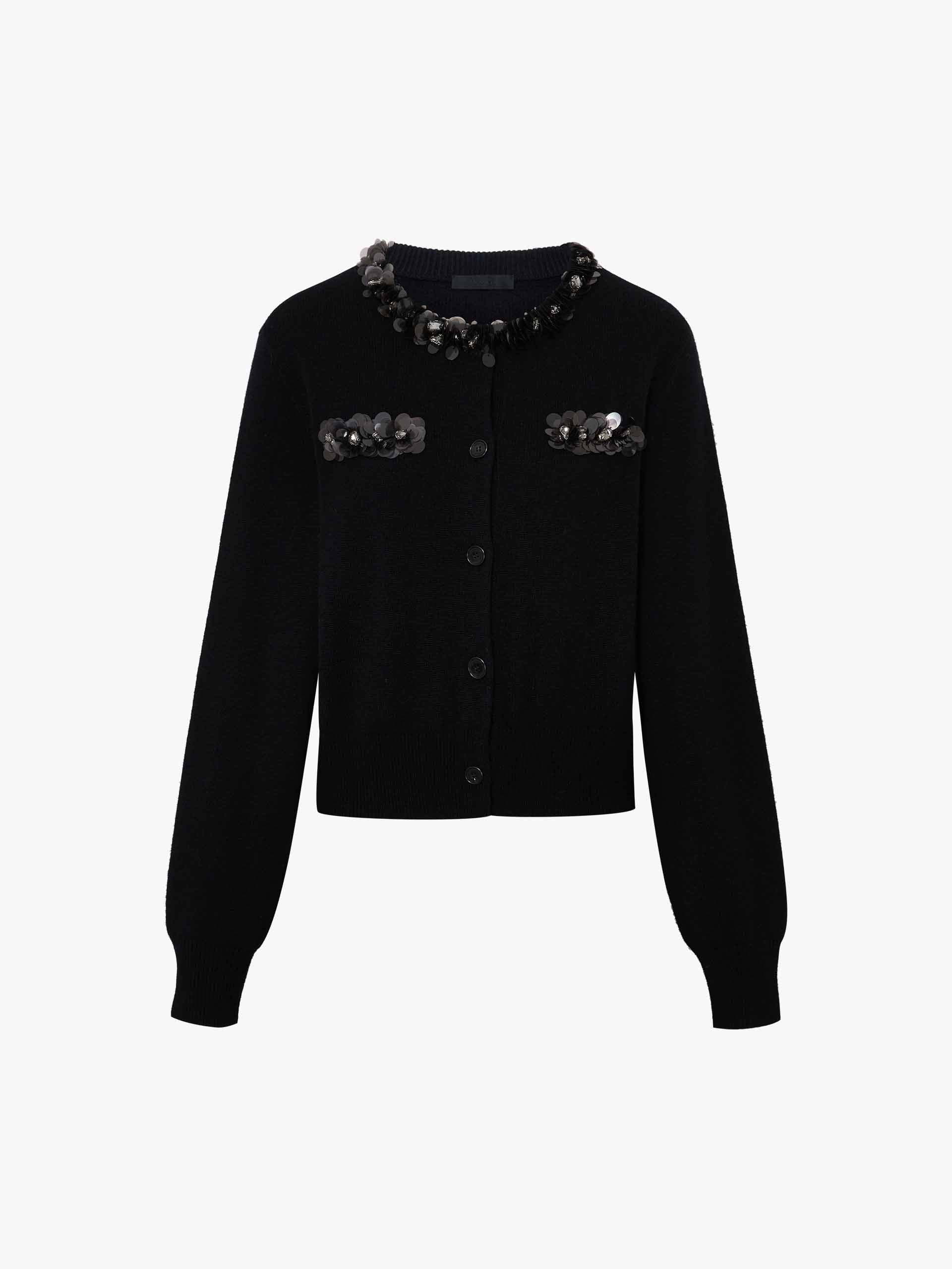 MO&Co. Women's Wool and Cashmere Blend Sequins Detail Close Fit Cardigan in Black