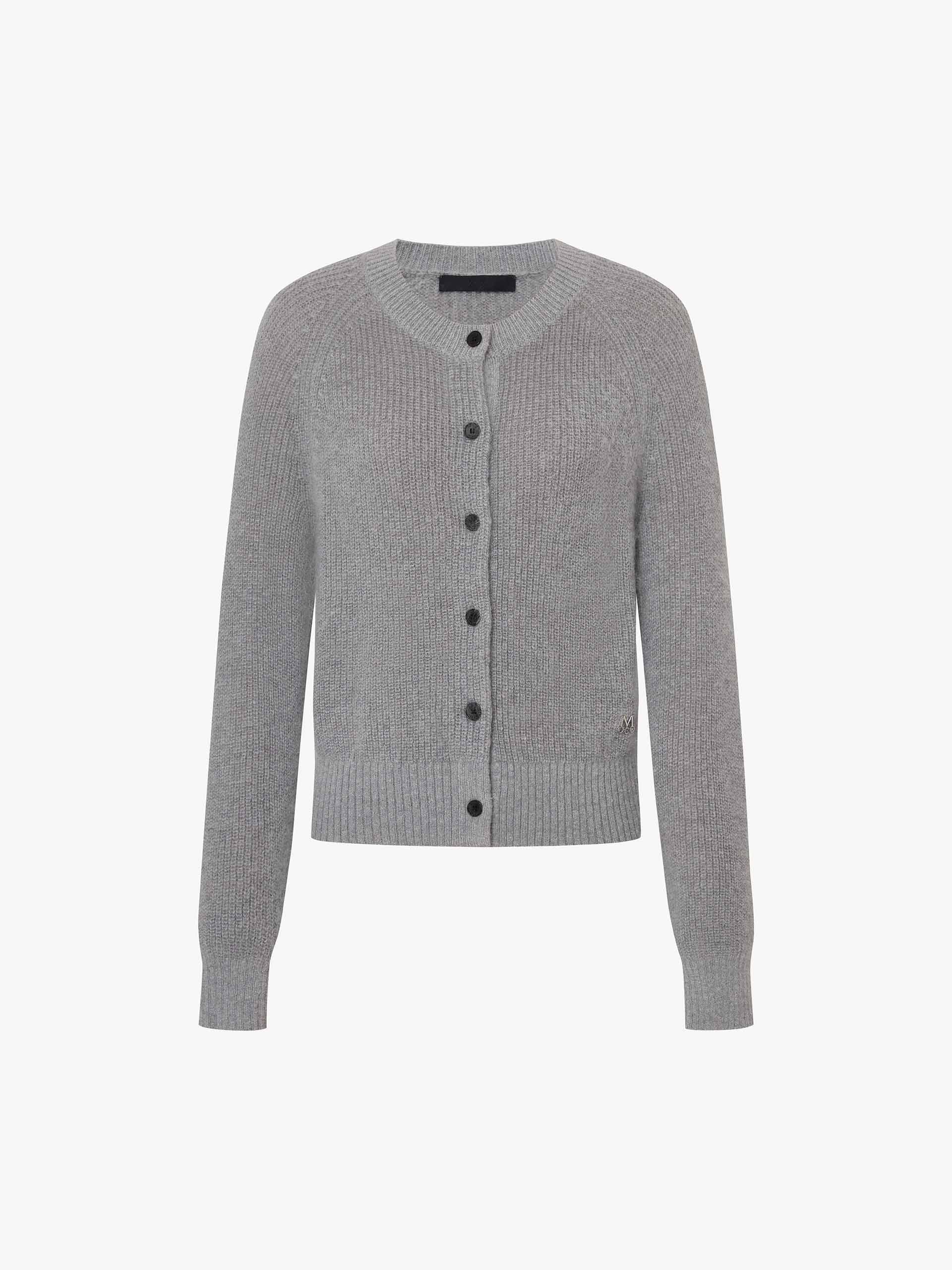 MO&Co. Women's Mohair Blend Fluffy Textured Regular Fit Knit Cardigan in Light Grey