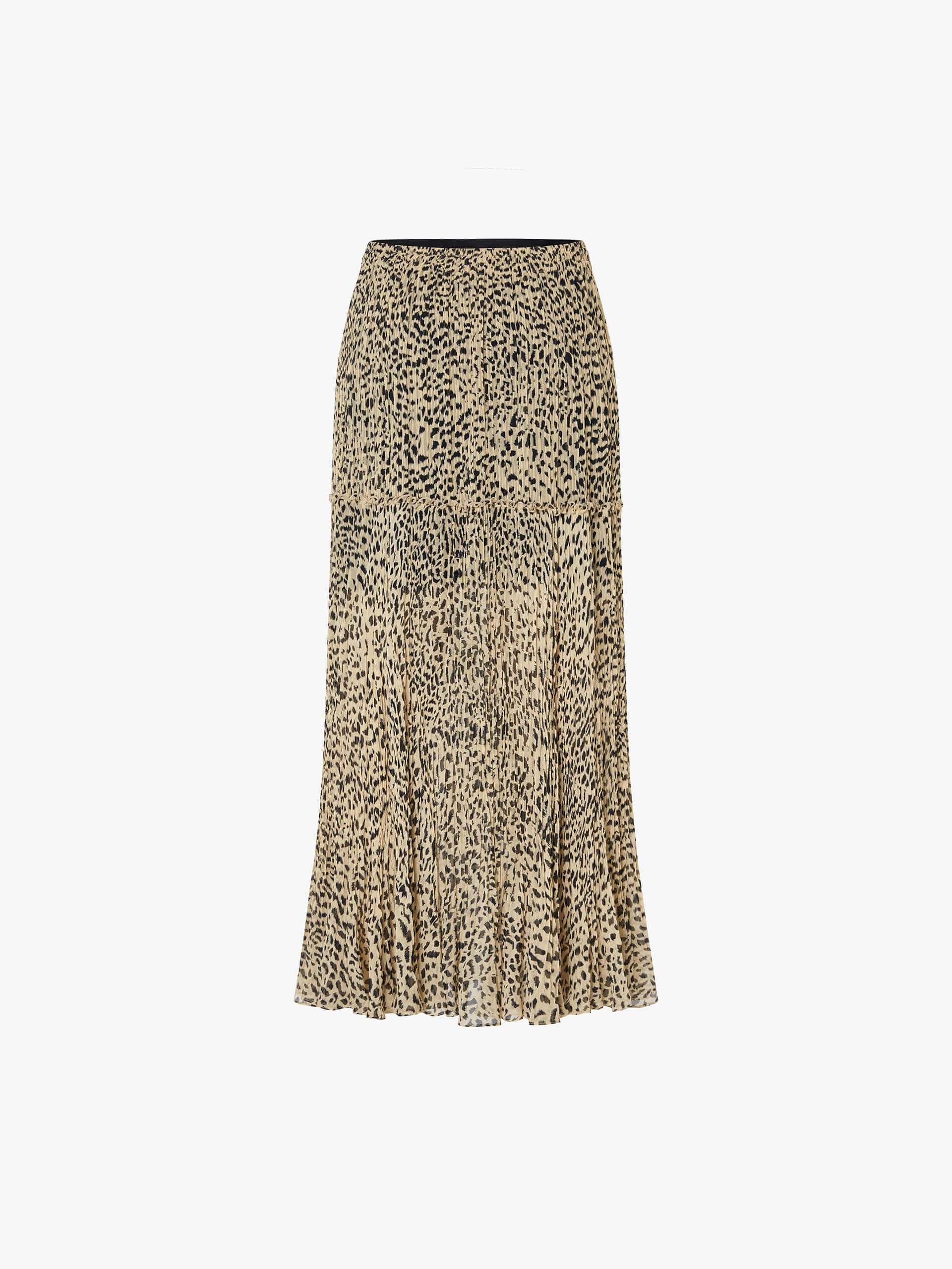 MO&Co. Noir Women's Maxi Leopard Print Skirt. Crafted from 100% silk with ruched pleated details, this skirt exudes luxury and style.
