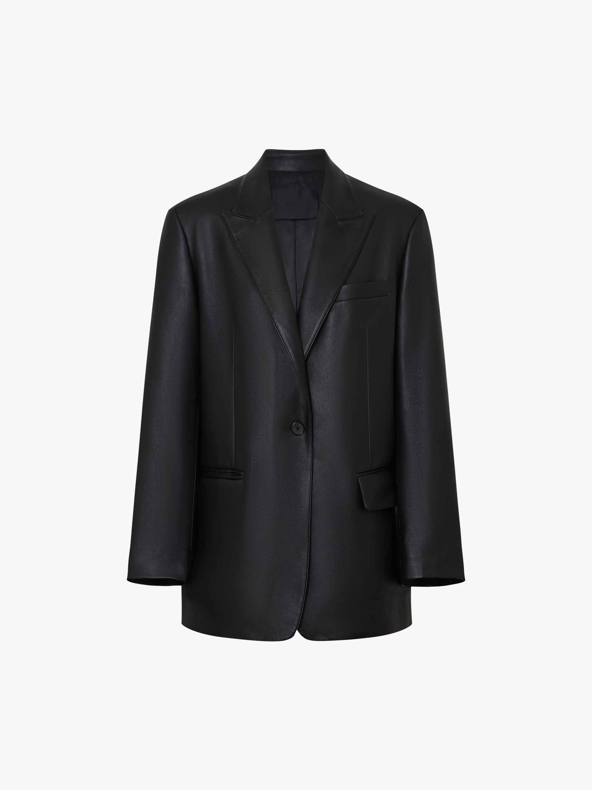 MO&Co. Women's Oversized Faux Leather Blazer with shoulder paddings in Black