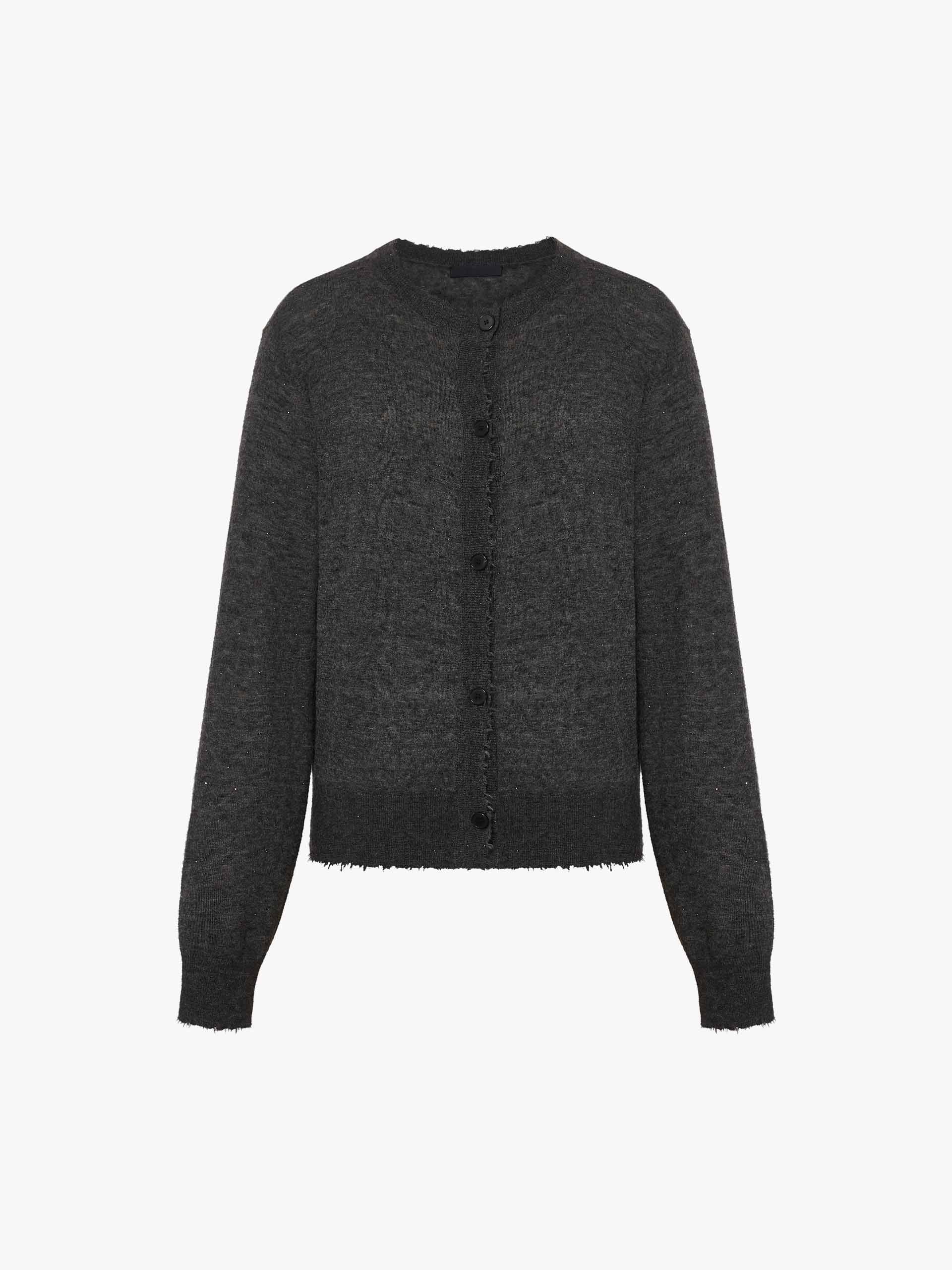 MO&Co. Women's Raw Trim Detail Alpaca fleece and Wool Blend Knit Cardigan in Dark Grey with Rhinestone Details