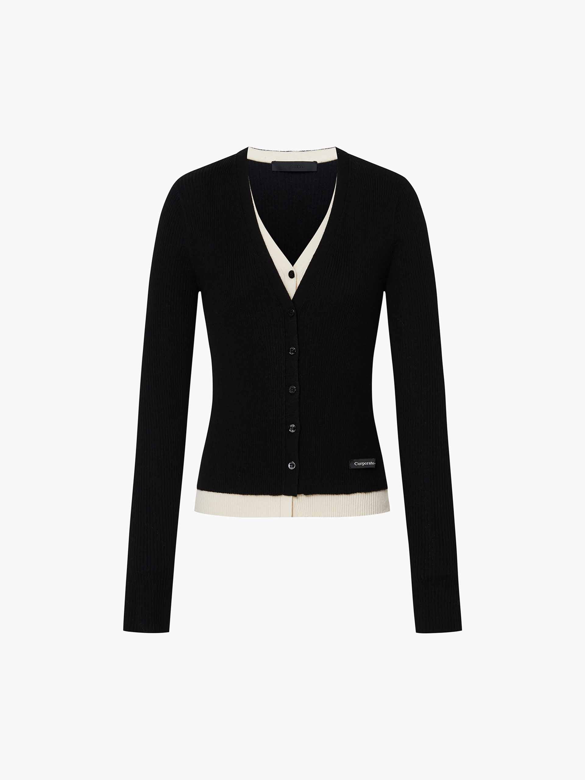 MO&Co. Women's Contrast Layered Detail V-neck Tight Fit Wool Blend Cardigan in Black