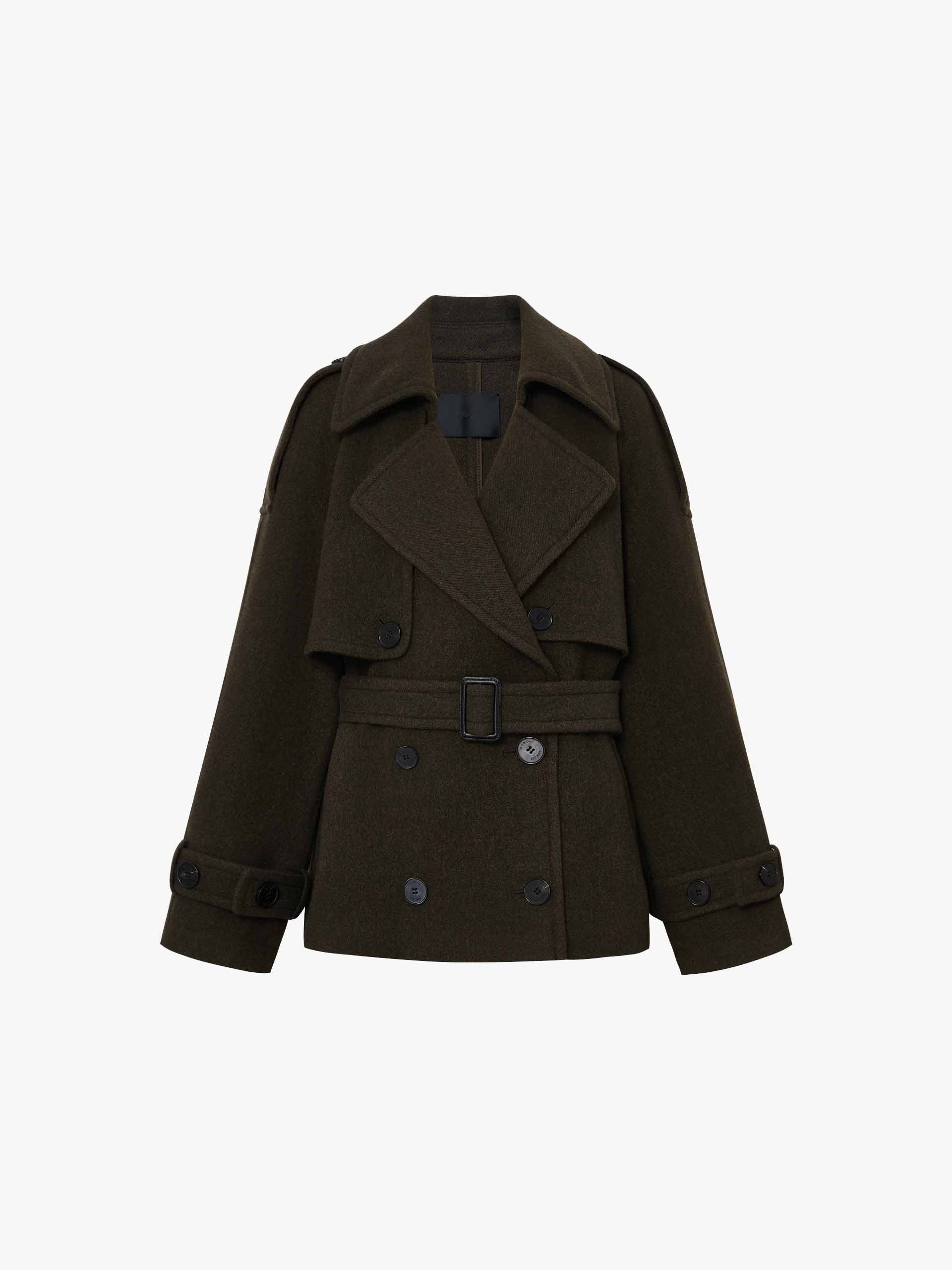 MO&Co. Women's 100% Merino Wool Notch Lapel Belted Short Coat in Olive