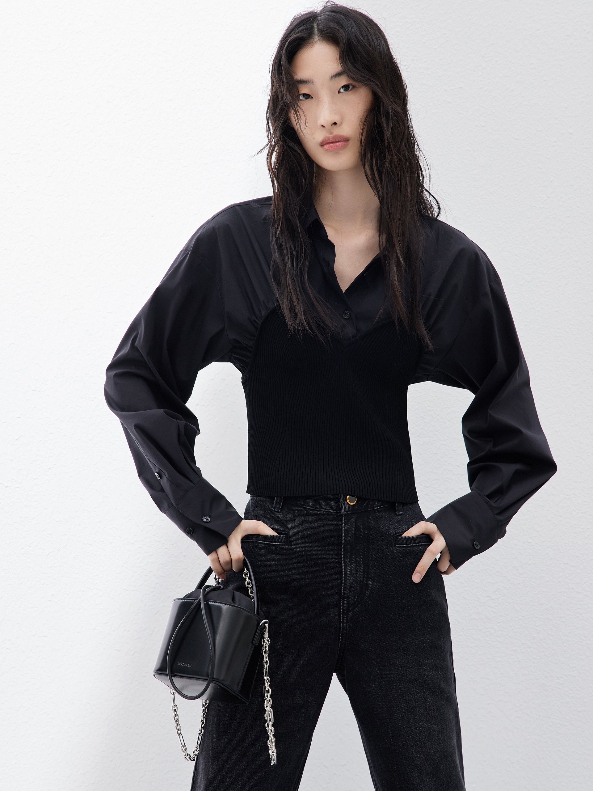 Black Cotton Blend Panelled Knit Corset Shirt Top