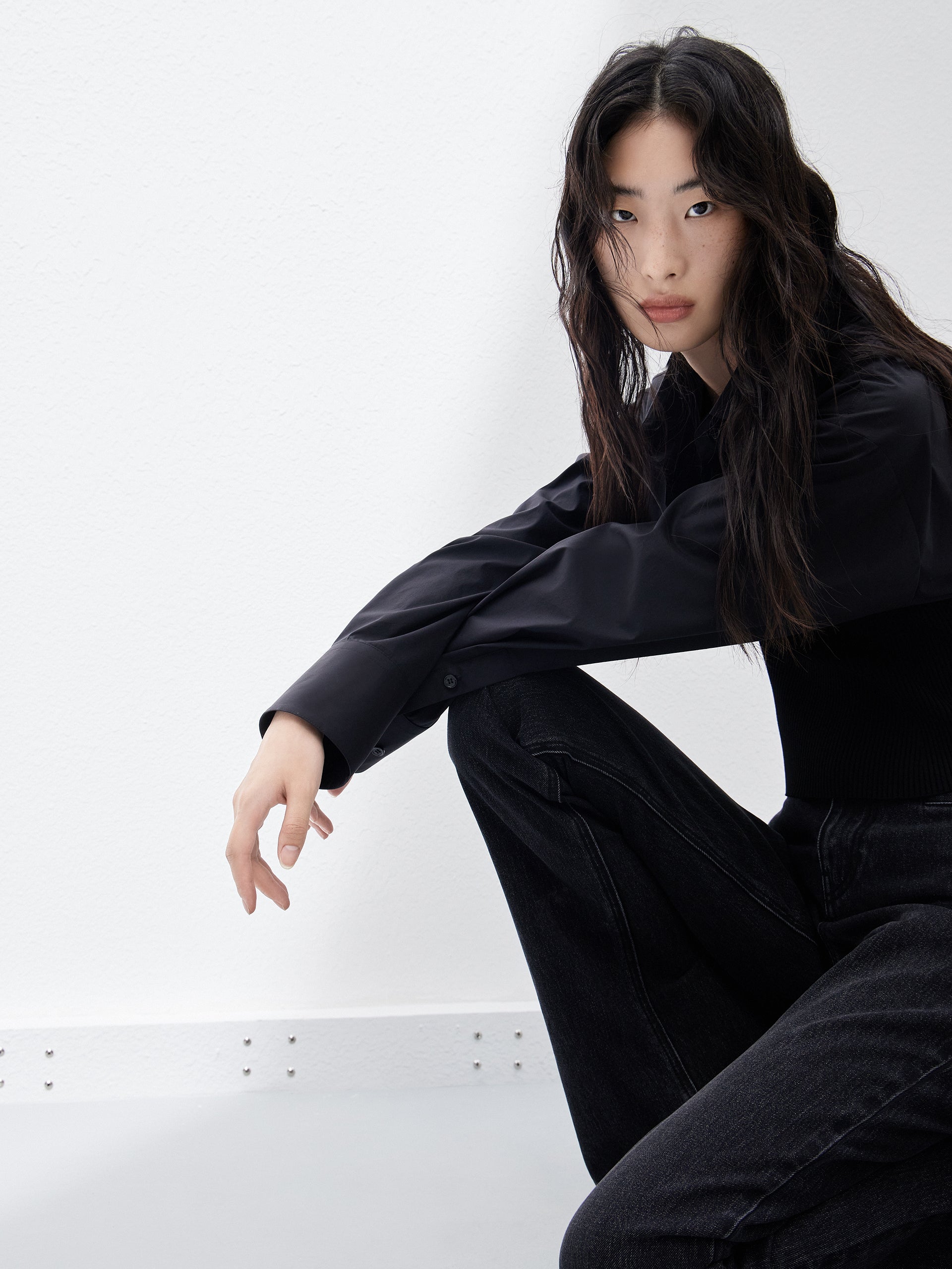 Black Cotton Blend Panelled Knit Corset Shirt Top