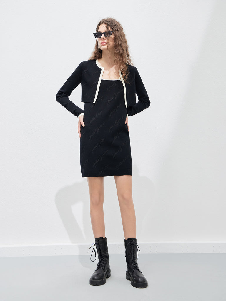 Two Piece Letter Jacquard Black Mini Dress with Cardigan