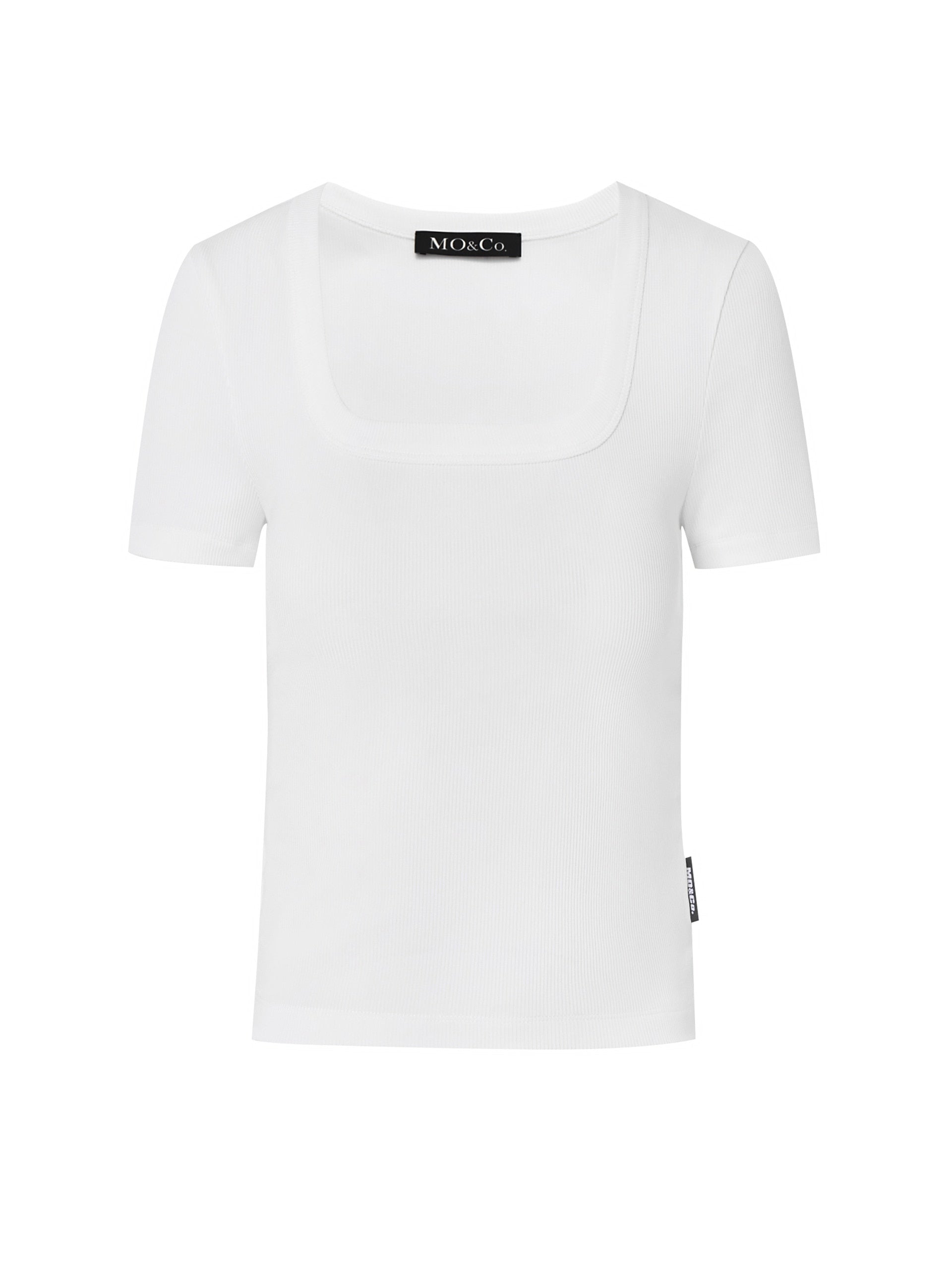 MO&Co. Women's Ribbed Textured Slim Fit T-shirt Fitted Casual Round Neck Black