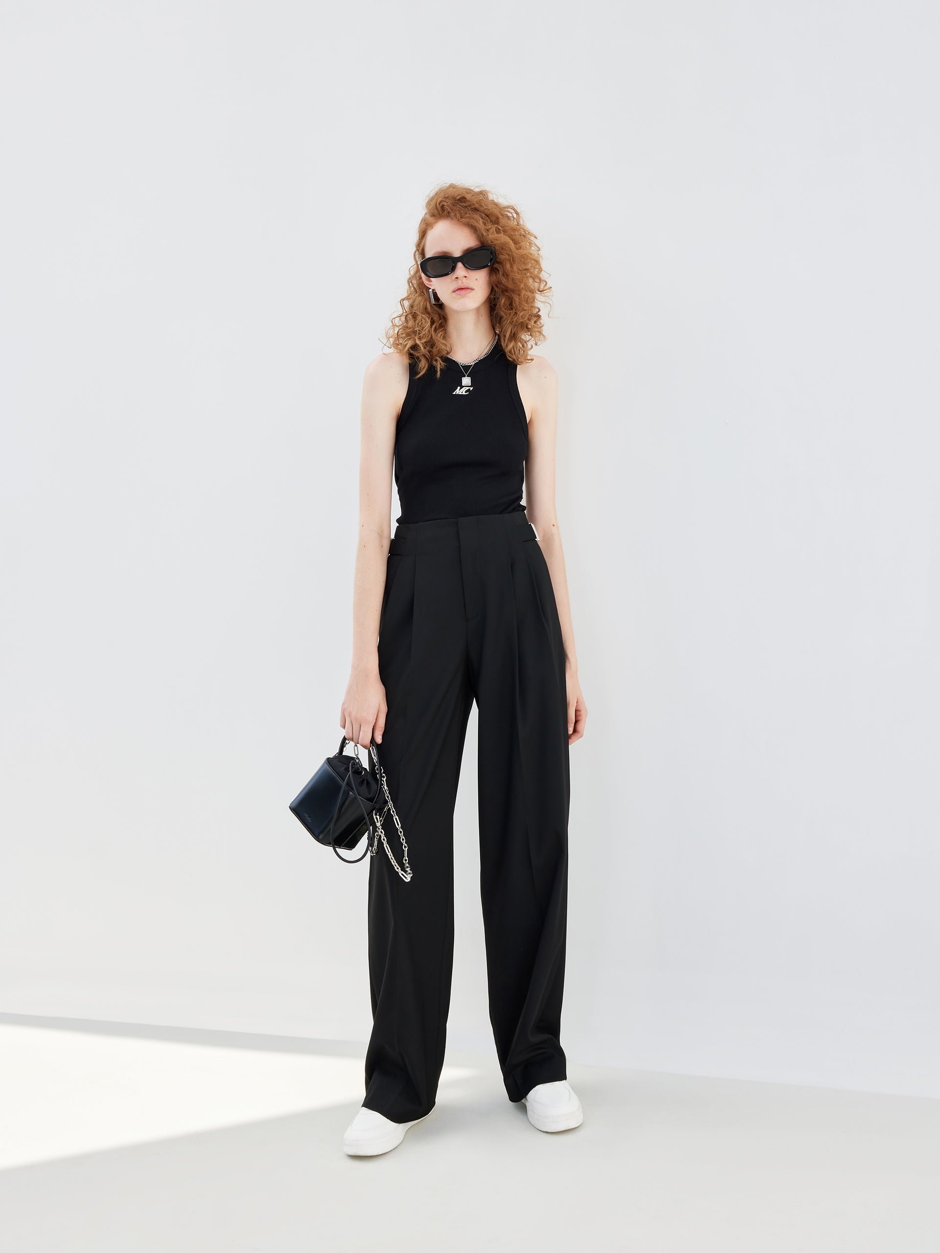 Metal Waistband Front pleated Black Suit Pants