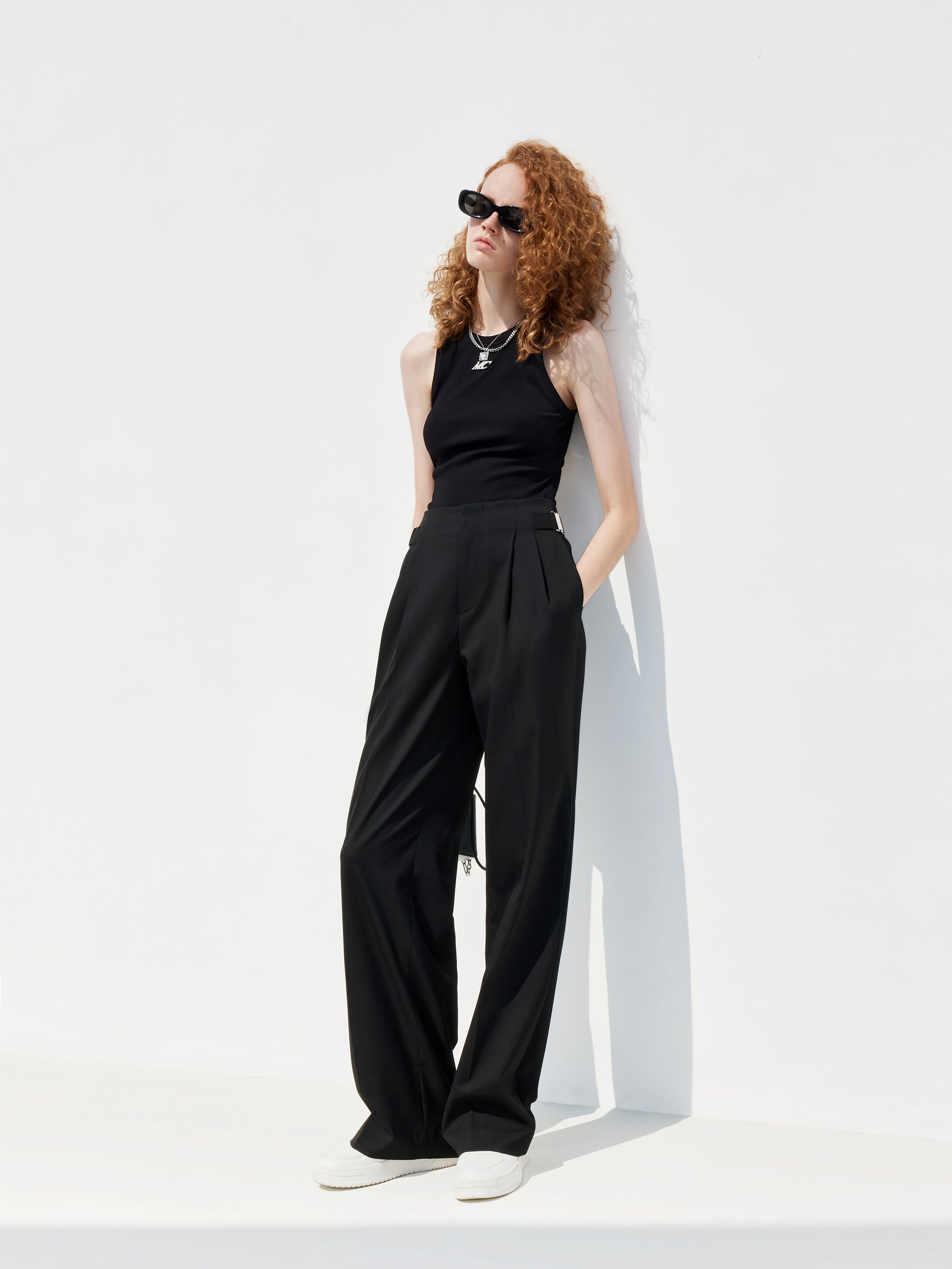 Metal Waistband Front pleated Black Suit Pants
