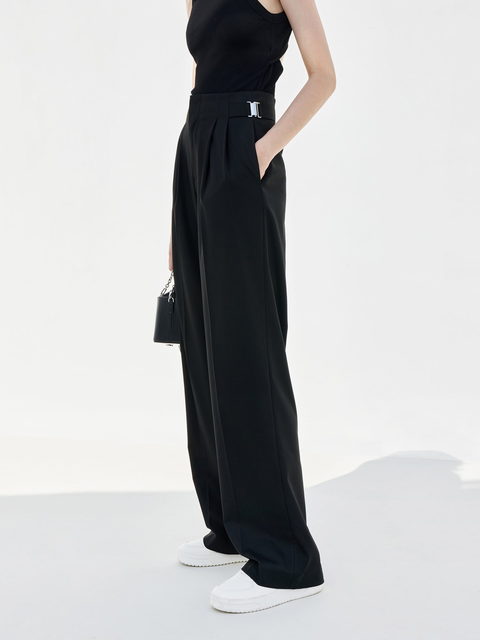 Metal Waistband Front pleated Black Suit Pants