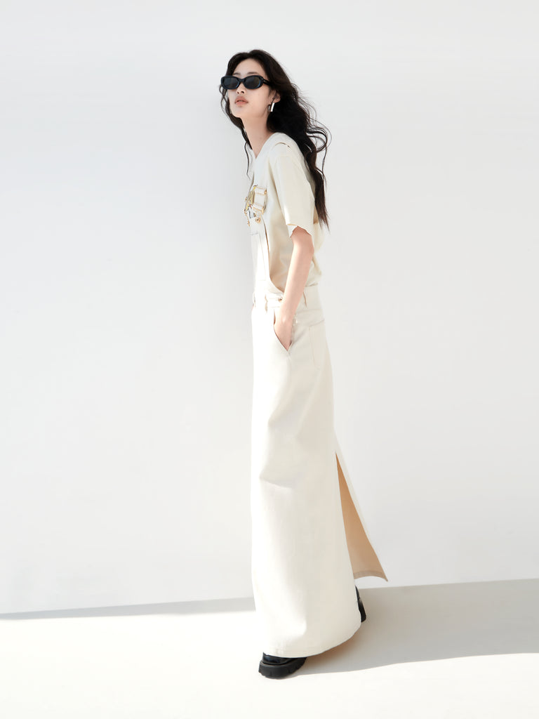 Back Slit Cotton Dress with Straps White Denim Maxi Overall Skirt