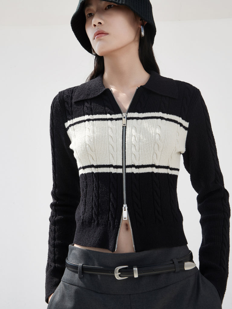 Black Two Way Zip Knitted Cotton-blend Collared Cardigan