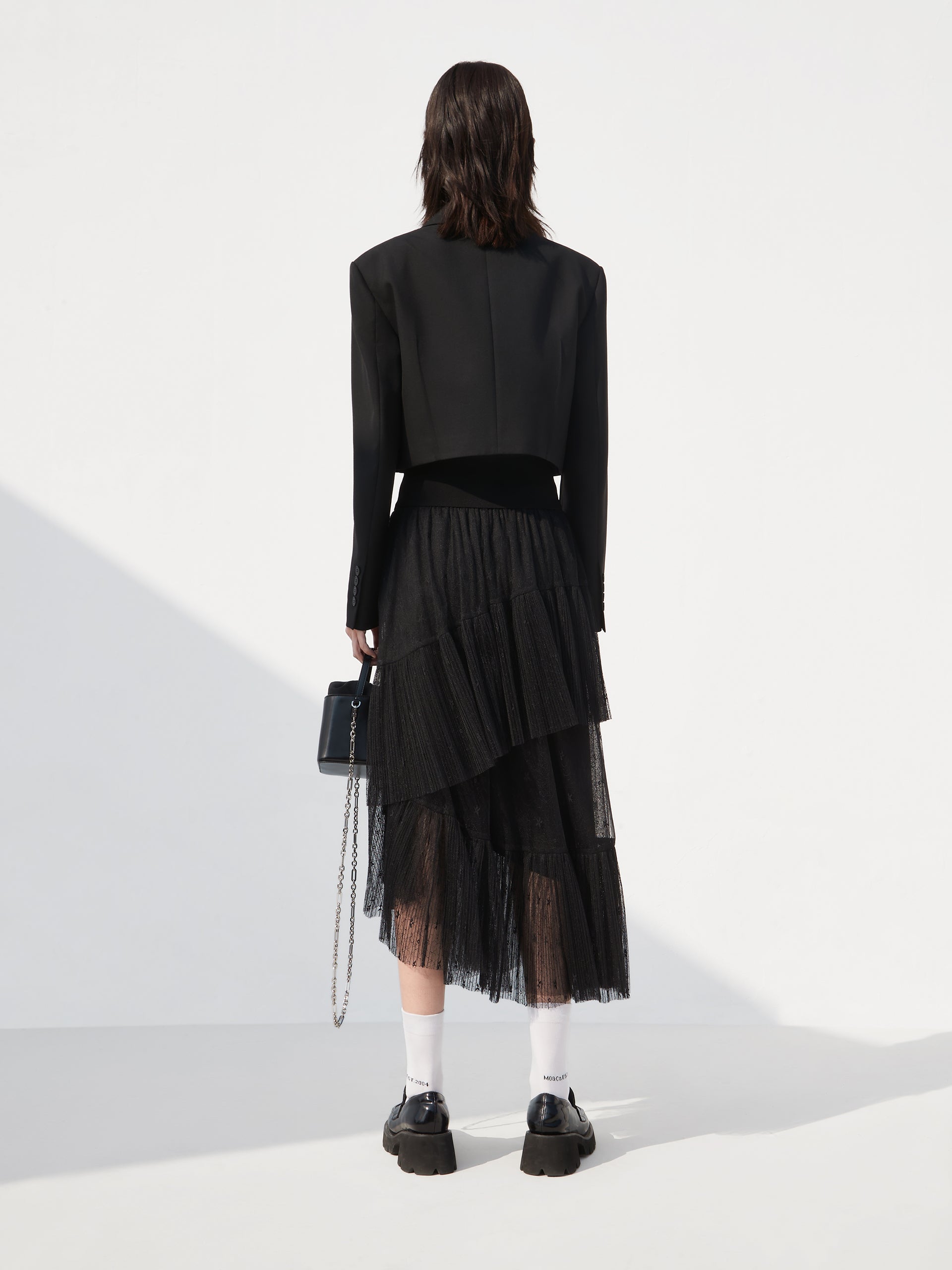 Black Cropped Wool Blend Suit Blazer