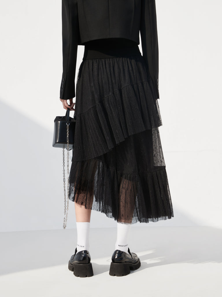 Elasticated Asymmetrical Ruffle Black Laced Midi Skirt