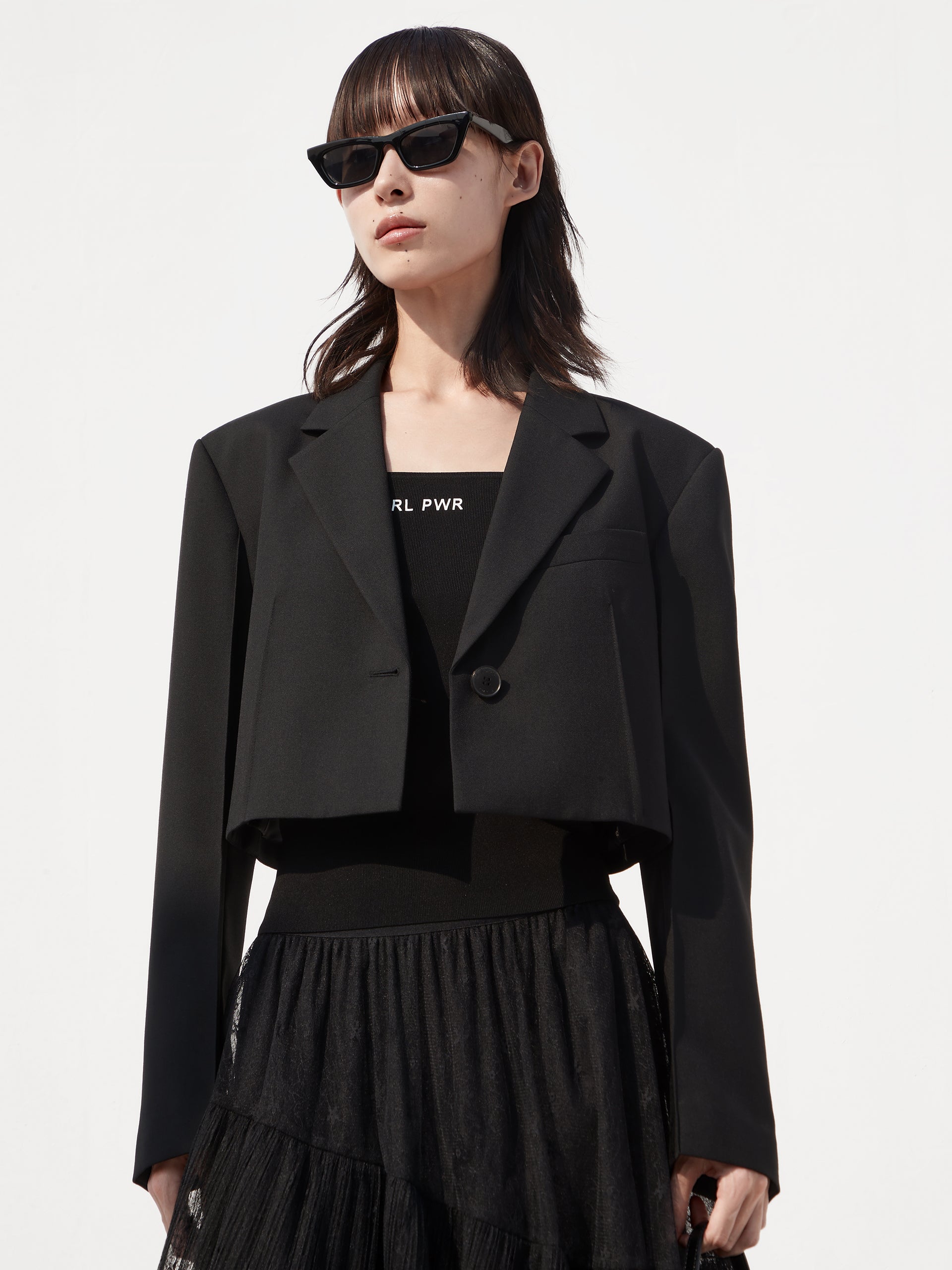 Black Cropped Wool Blend Suit Blazer