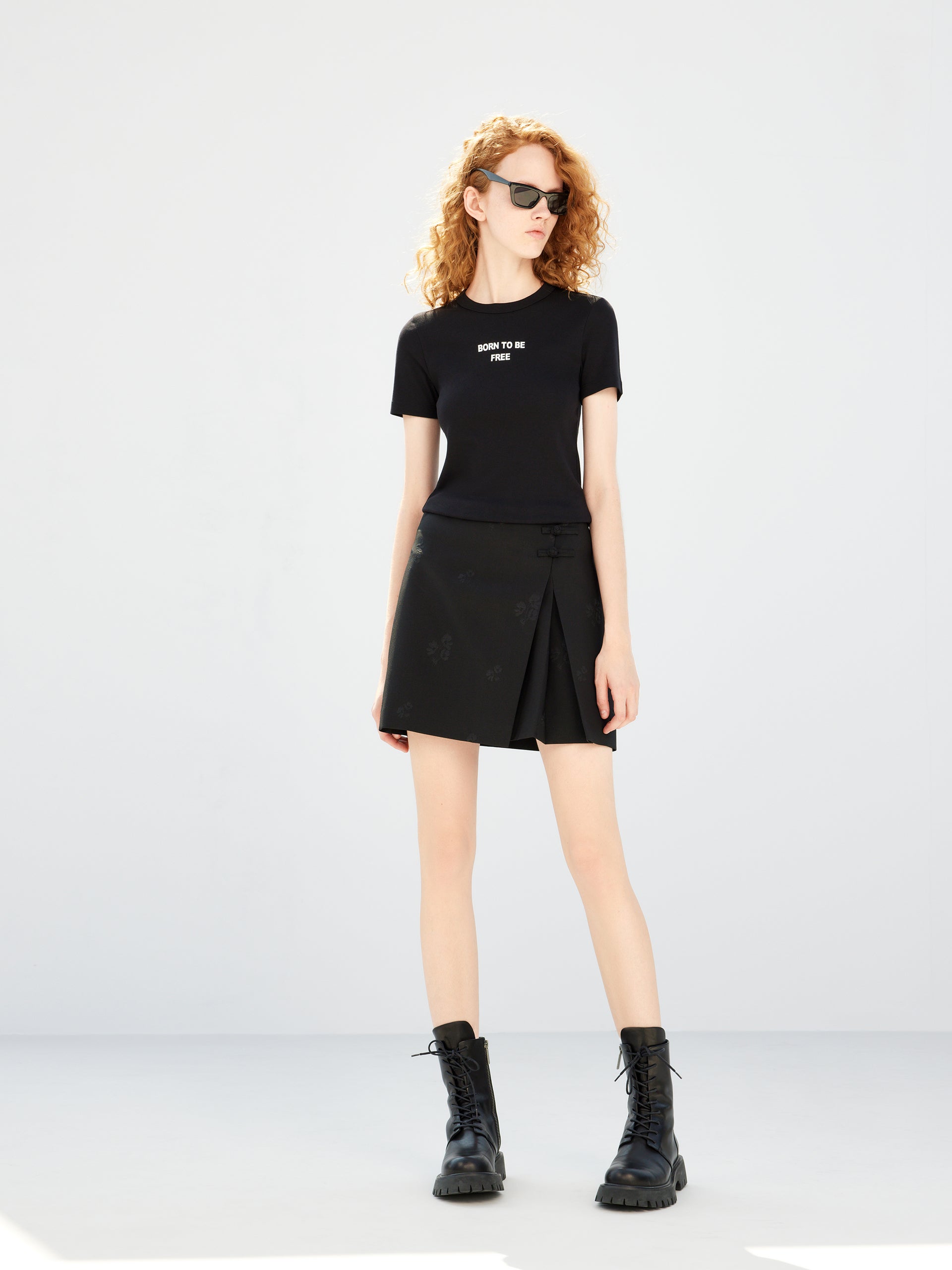 Black Floral Jacquard Pleated Mini A-line Skirt