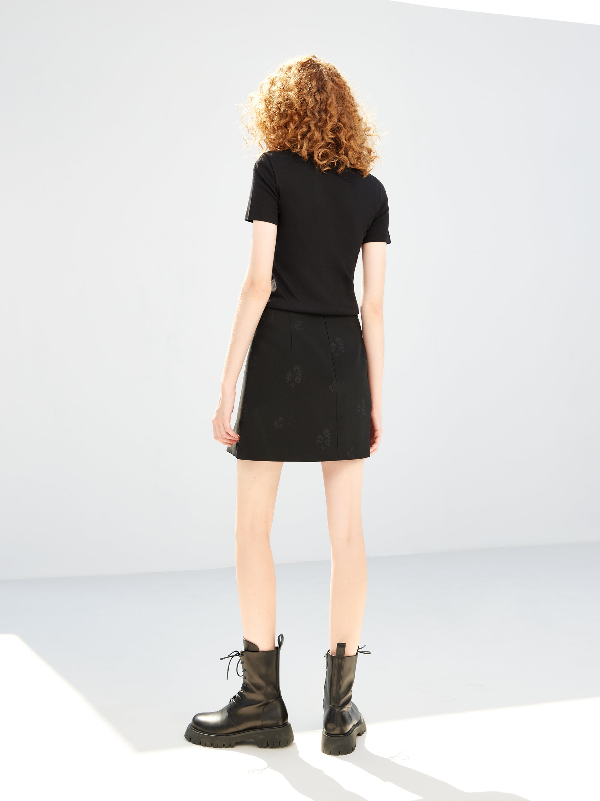 Black Floral Jacquard Pleated Mini A-line Skirt