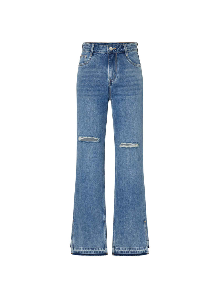 MO&Co. Women's Straight Leg Destroyed Blue Jeans