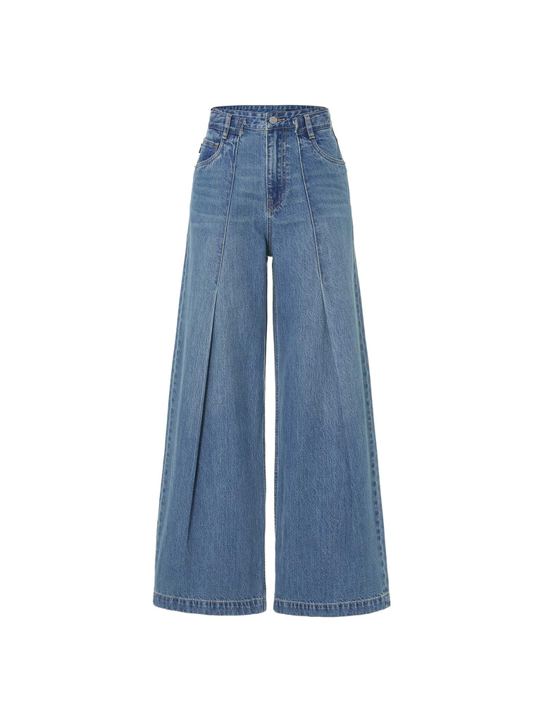 Women's Pleats Detail Wide Leg Mid-rise Blue Jeans