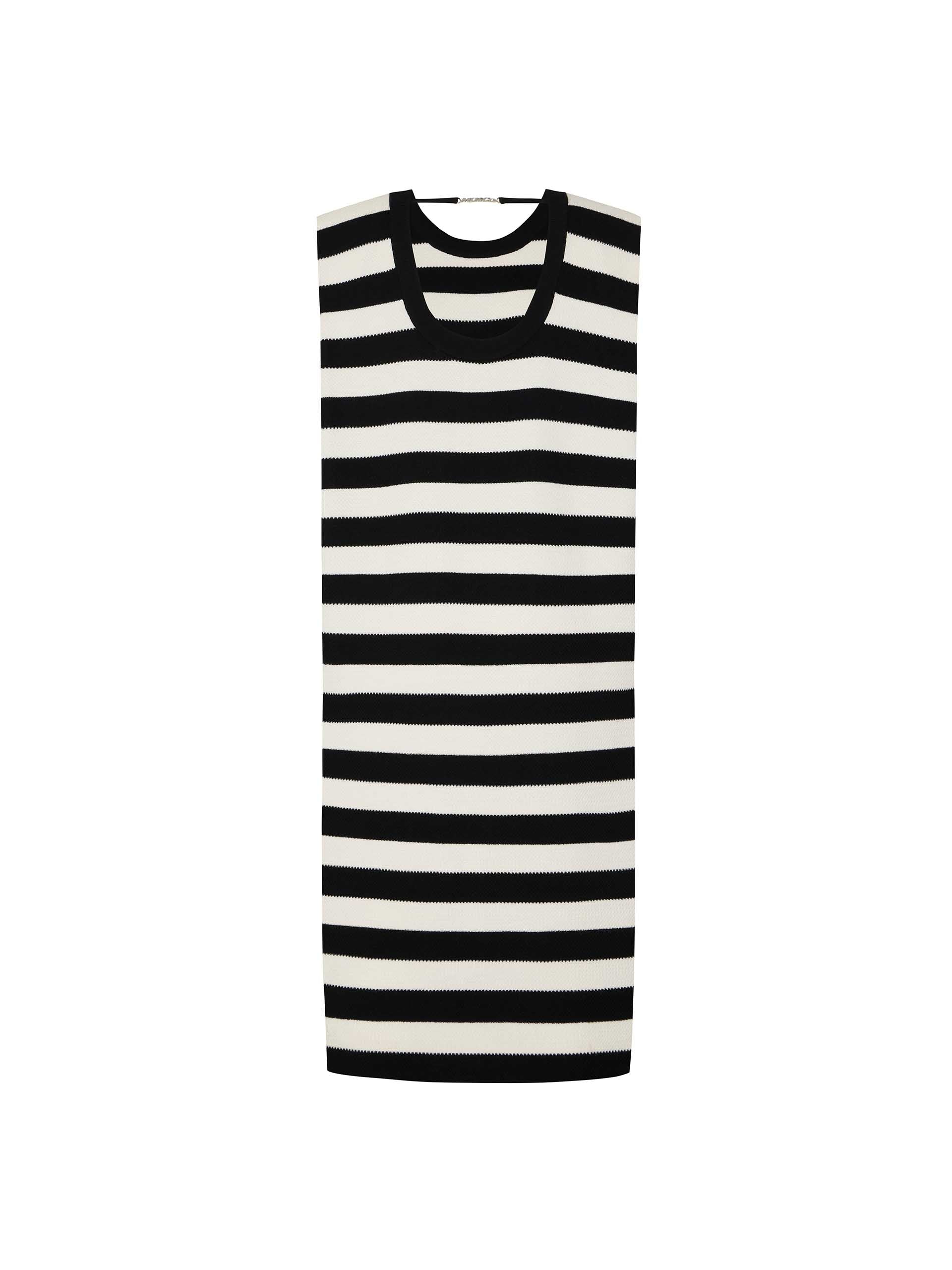 MO&Co. Women's Black and White Stripe H-line Maxi Dress with Cut-out Details and Logo Metallic Chain at back
