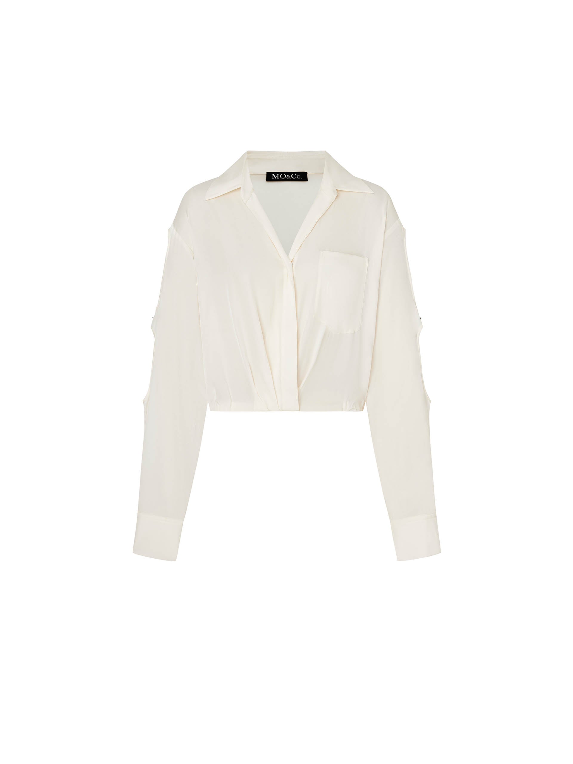 MO&Co. Women's Cutout Sleeve Cropped Collared Top in Beige