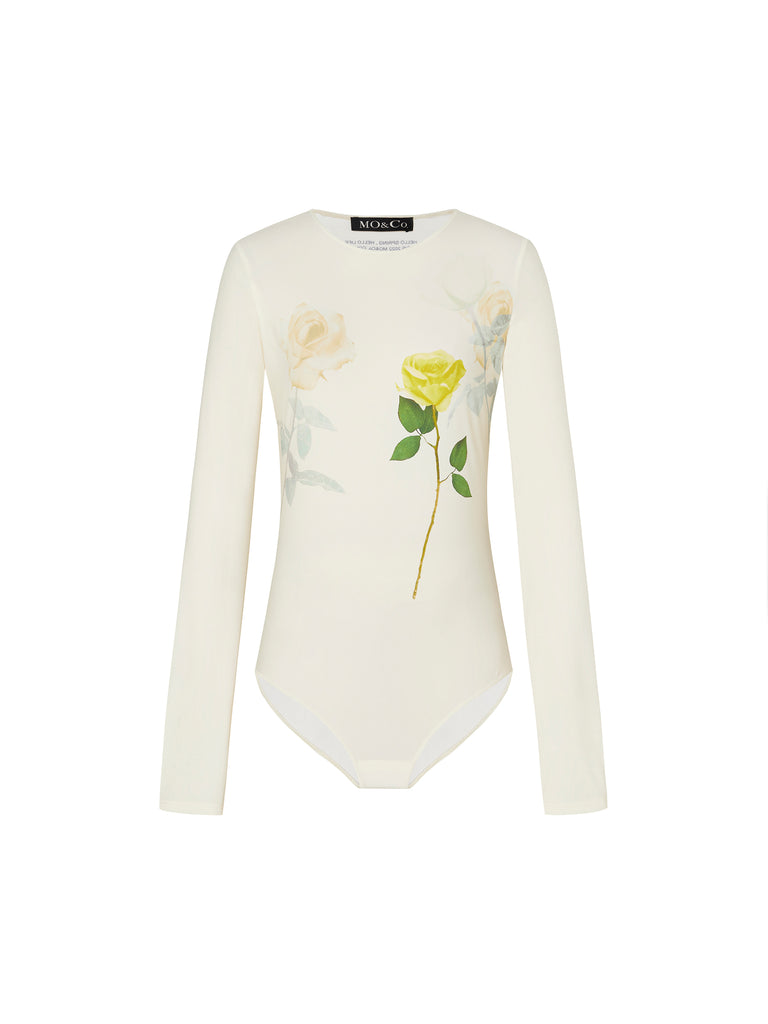 Beige Crewneck Flower Pattern Print Long Sleeves Bodysuit Top