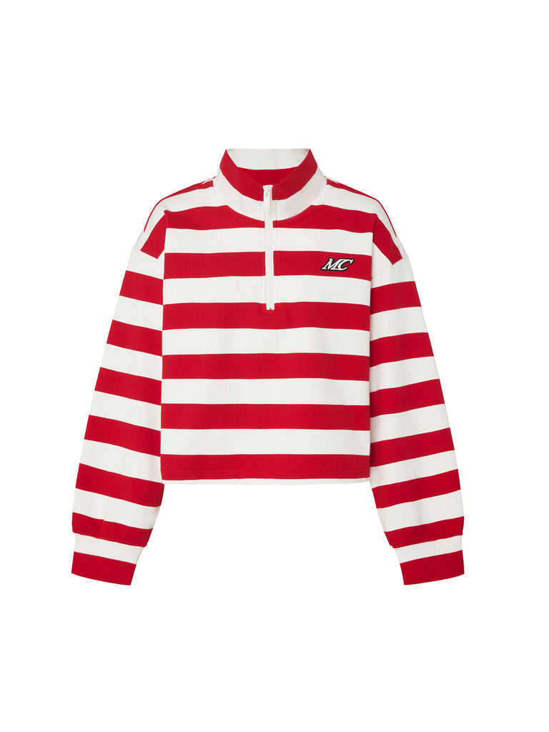 Red Striped Logo Cotton Athleisure Long Sleeves Top