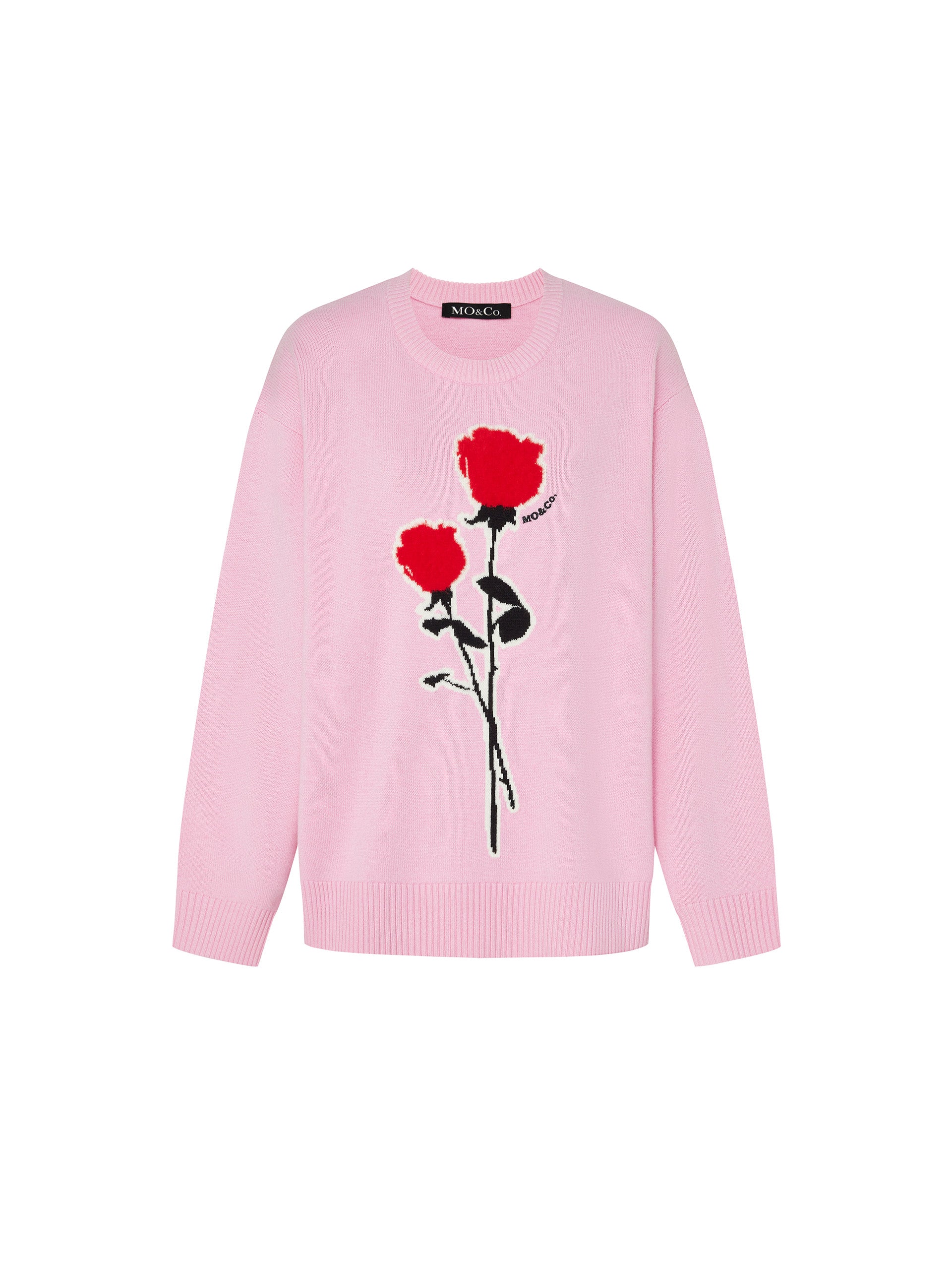 Pink Rose Embroidered and Jacquard Wool Sweater Pullover