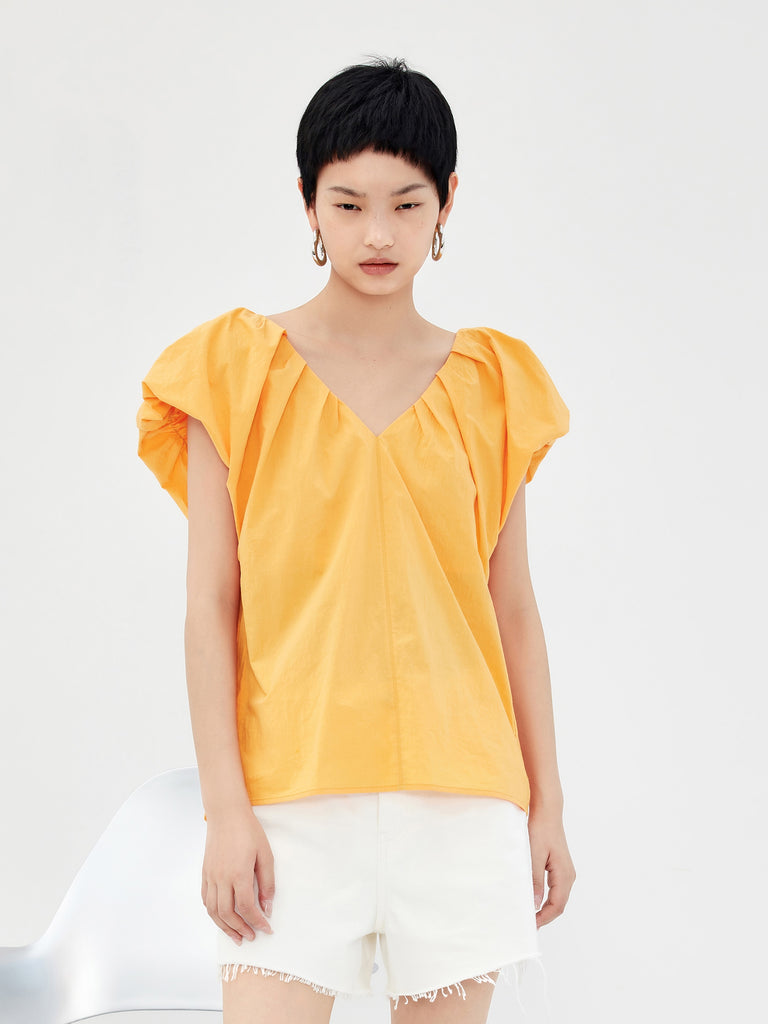 Pleated V-Neck Top with Cut-out MBB2TOPT24