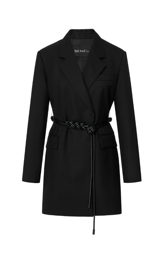 Long Sleeves Tailored Wool blend Blazer Mini Dress with Belt in Black