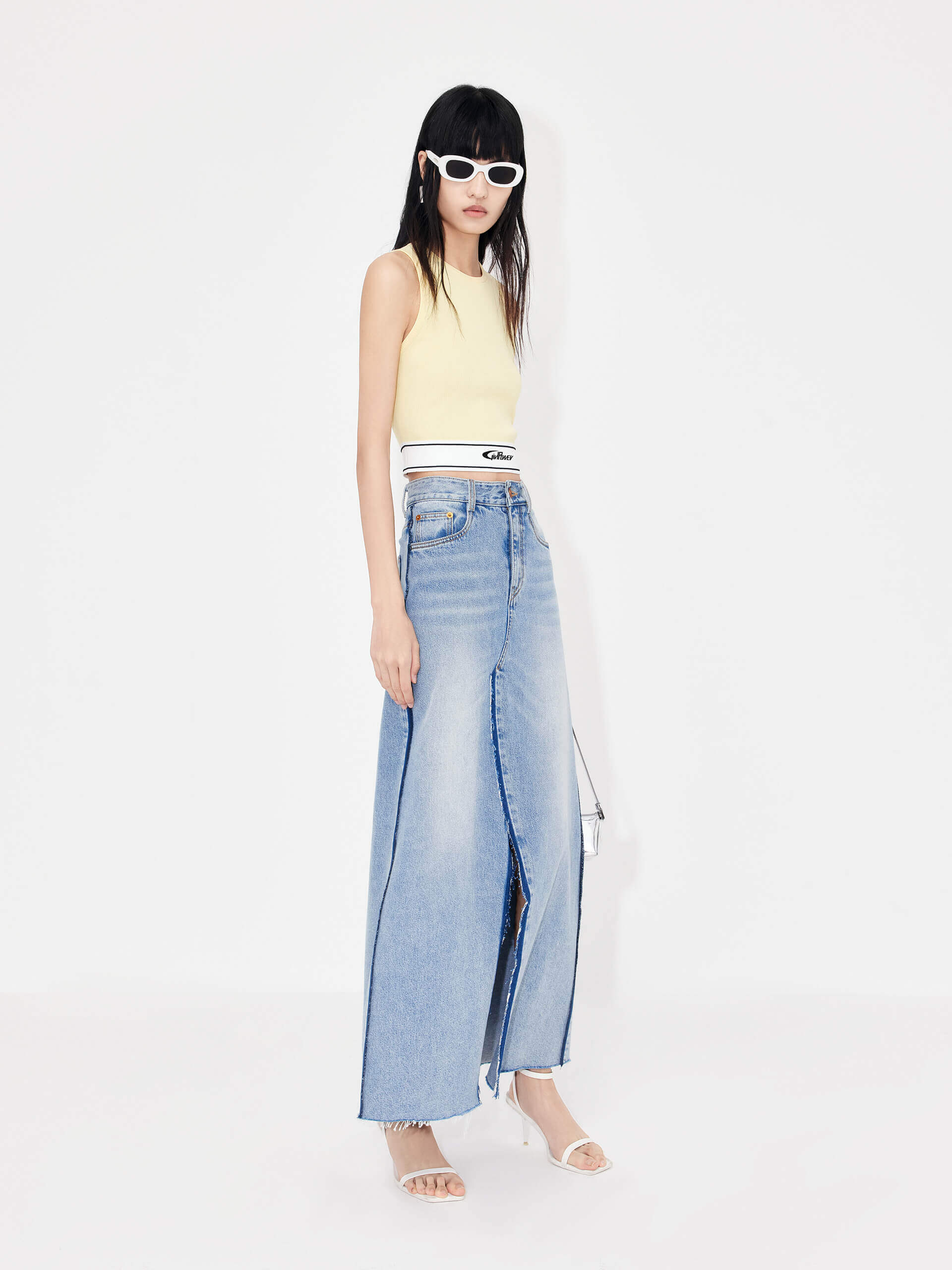 MO&Co. Women's Two-toned Seams Detail Slit Front Maxi Denim Skirt