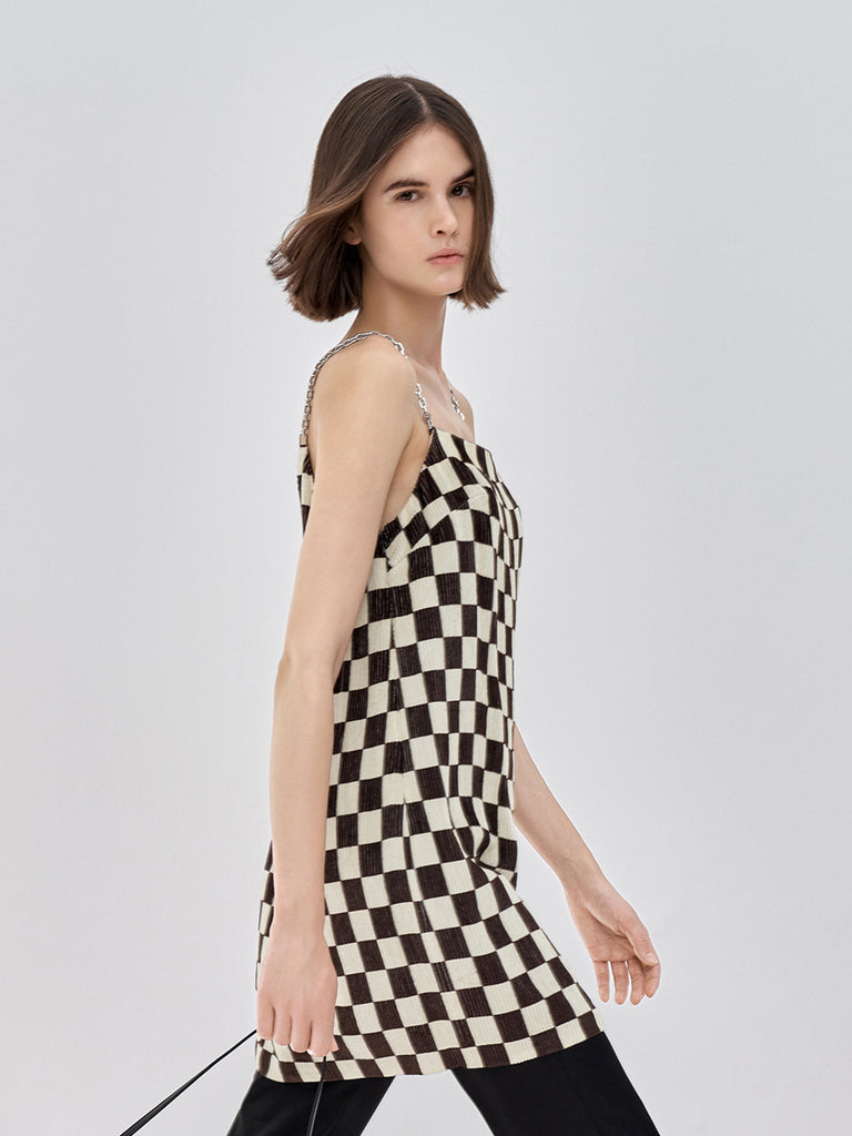 MO&Co. Women's Checkerboard Metal Chain Dress Fitted Chic Black And White Dress
