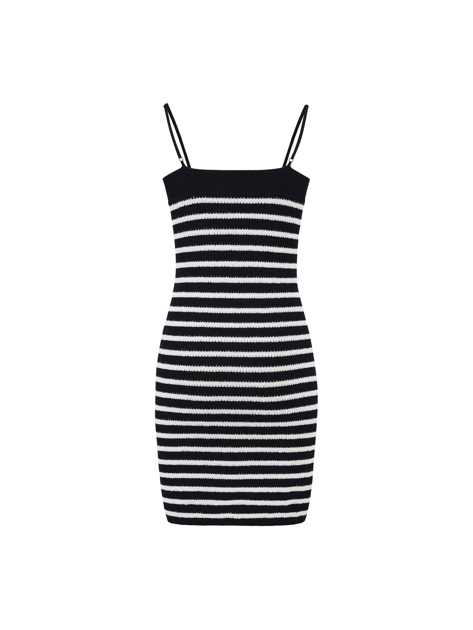 MO&Co. Women's White Striped Straps All Day Mini Dress in Black features a bodycon fit, metallic button front details, rib knitted and stretchy materials, and adjustable spaghetti straps with a striped pattern.