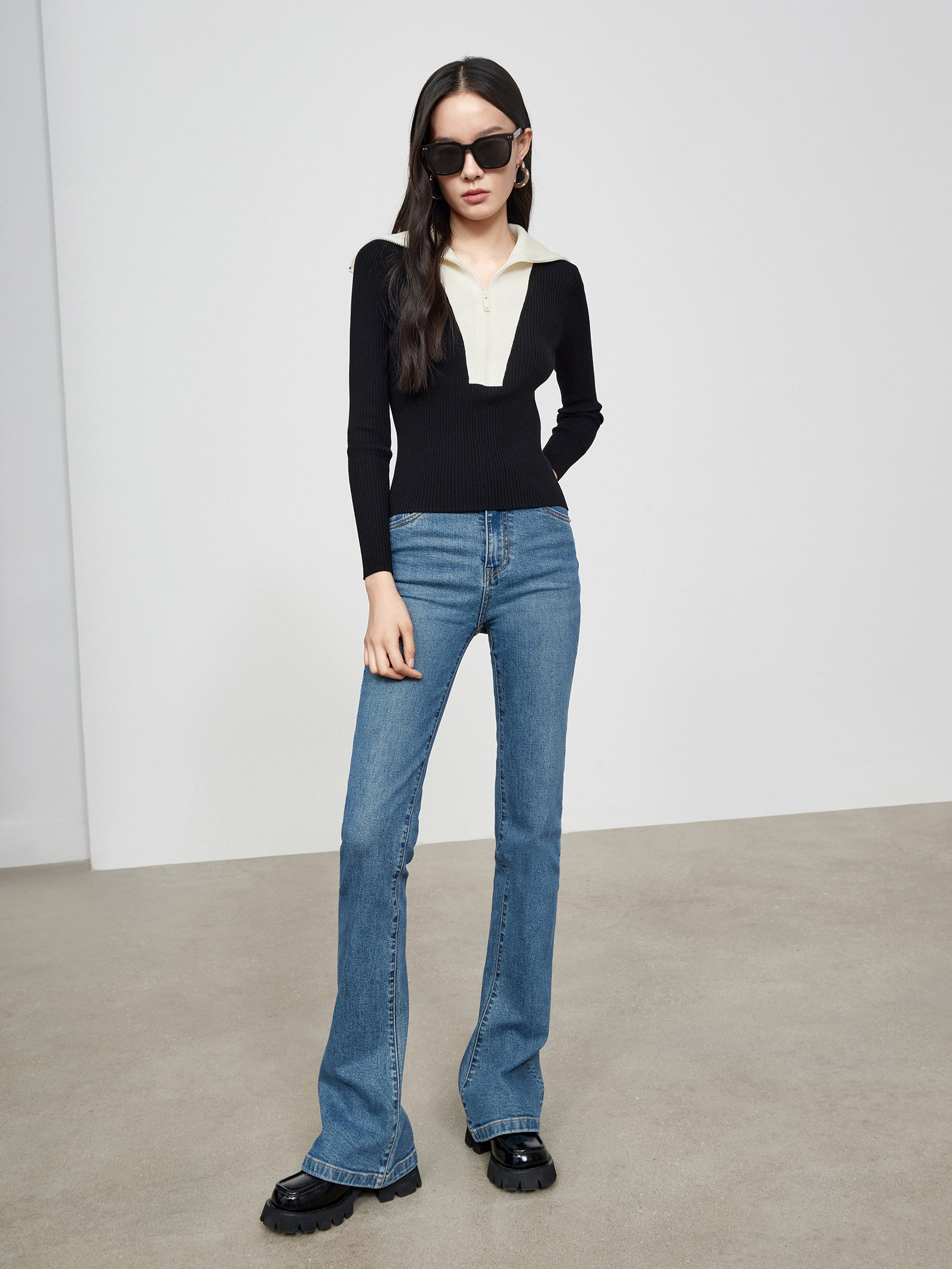 MO&Co. Women's Contrast Lapel Collar Knit Top Fitted Chic Black Tops For Women