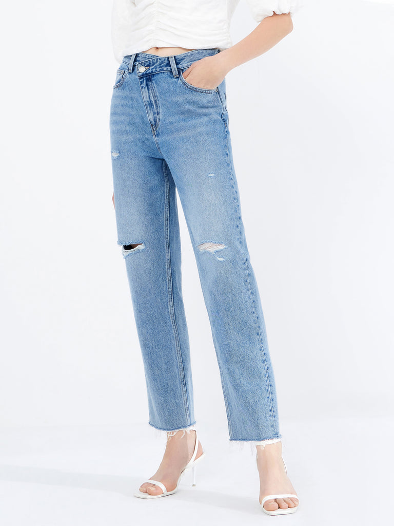 MO&Co. Women's Ripped Cut-out Jeans in Cotton Loose Cowboys Blue Torn