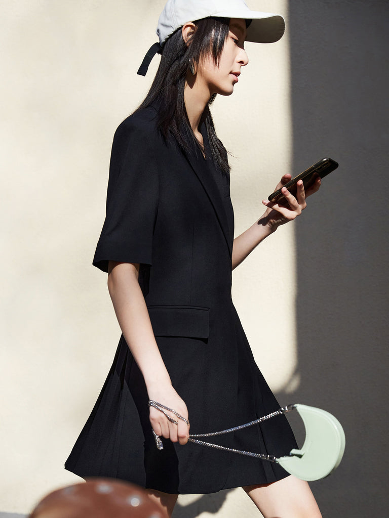MO&Co. Women's Belted Lapel Blazer Dress Loose Casual Lapel Black Dress For Woman