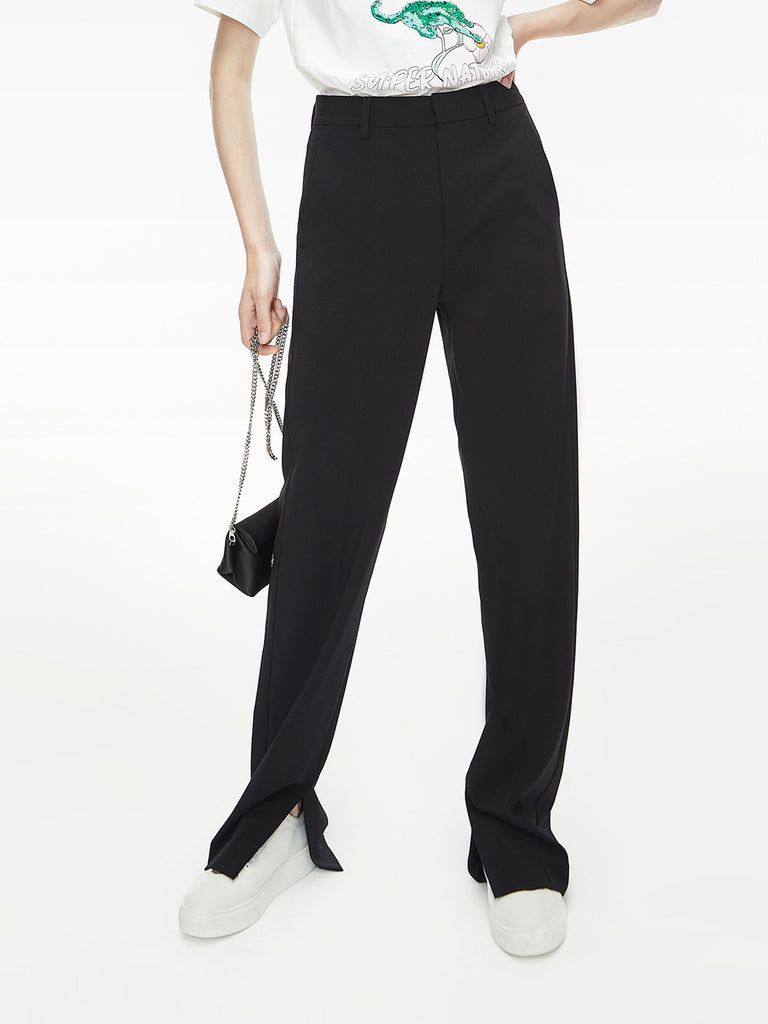 MO&Co. Women's Straight Side Slit Suit Pants Loose Casual Black Stylish