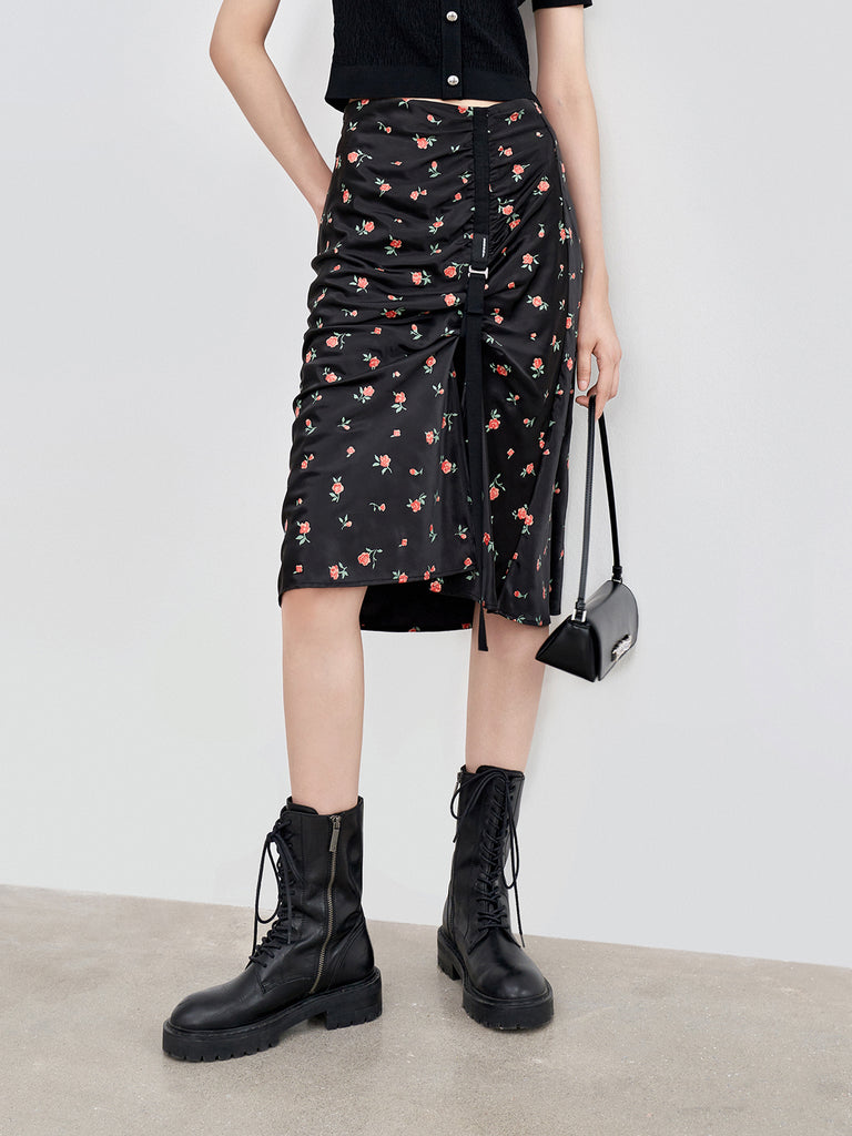 MO&Co. Women's Rose Print Slit Skirt Fitted Chic Floral Midi Skirt