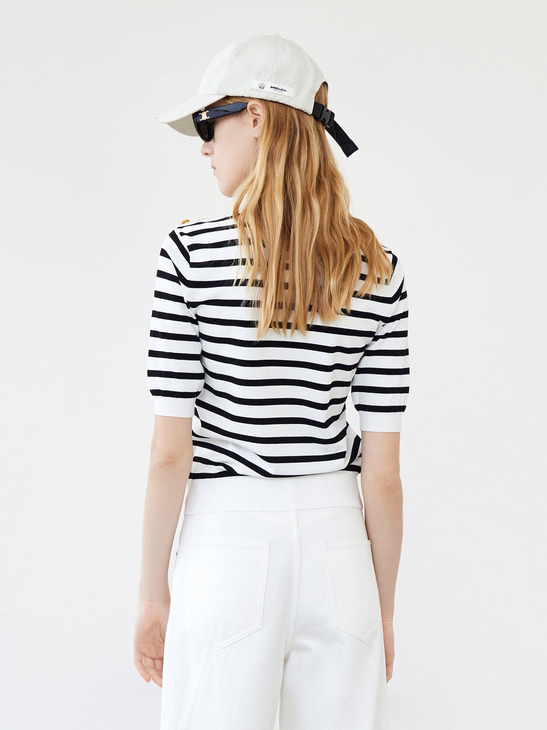 MO&Co. Women's Button Striped Knit Top Loose Classic Round Neck Black And White